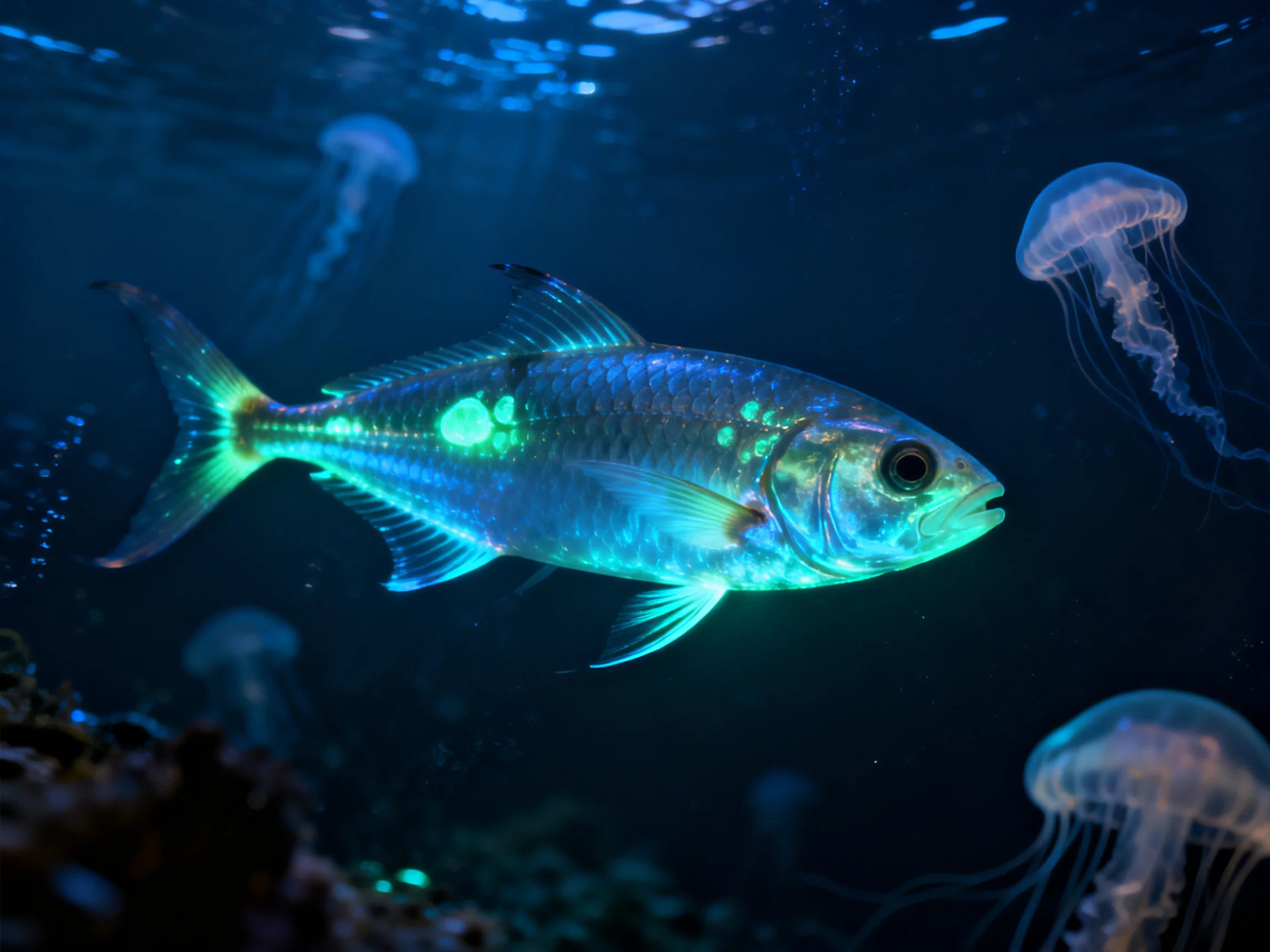 A luminous fish swims among glowing jellyfish in deep blue waters