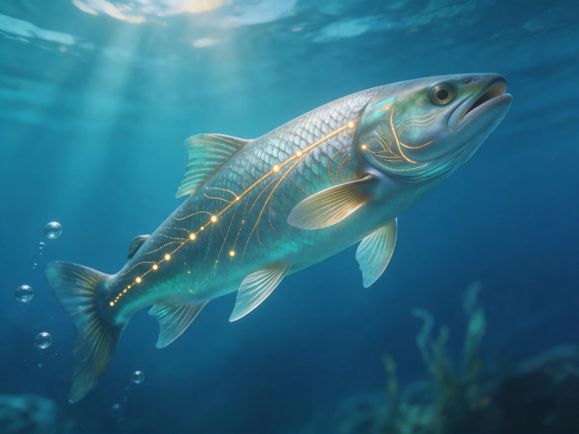 A luminous fish swims in deep blue waters with golden neural patterns