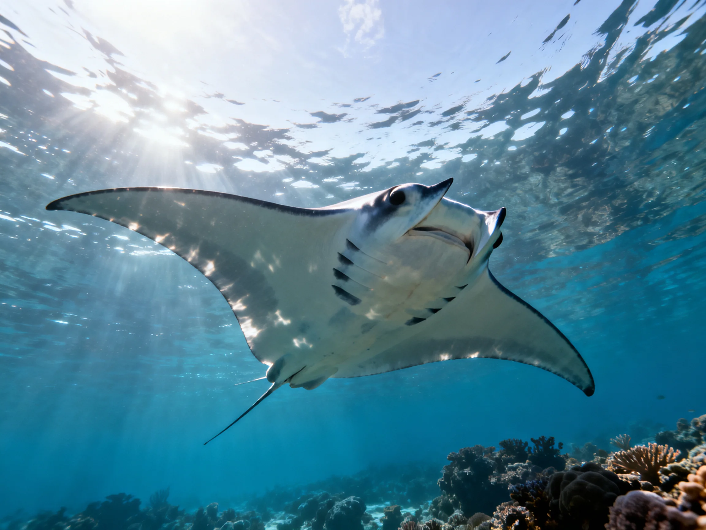 A majestic manta ray gliding over vibrant coral reefs