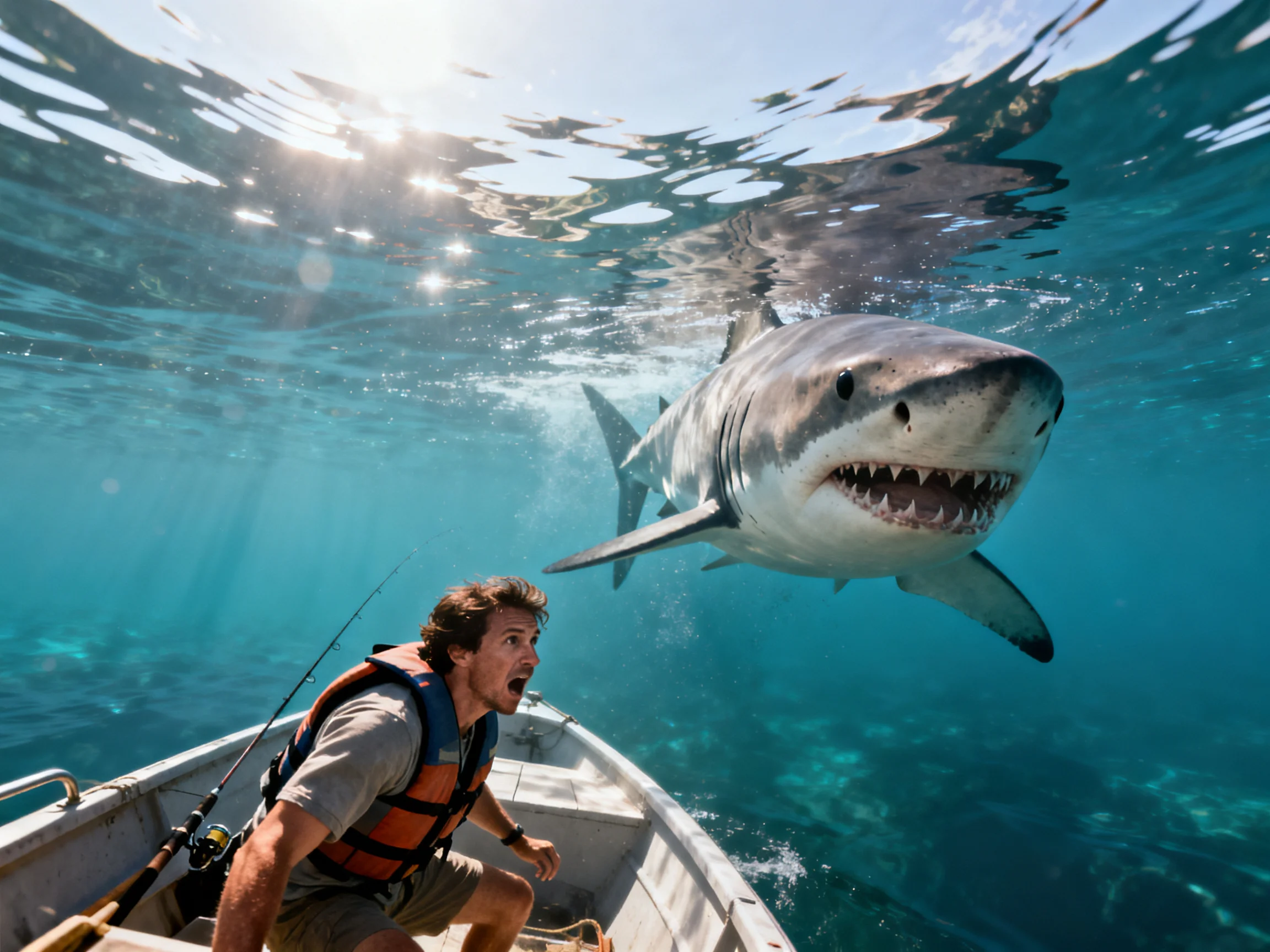 A man in a small boat near a massive great white shark underwater