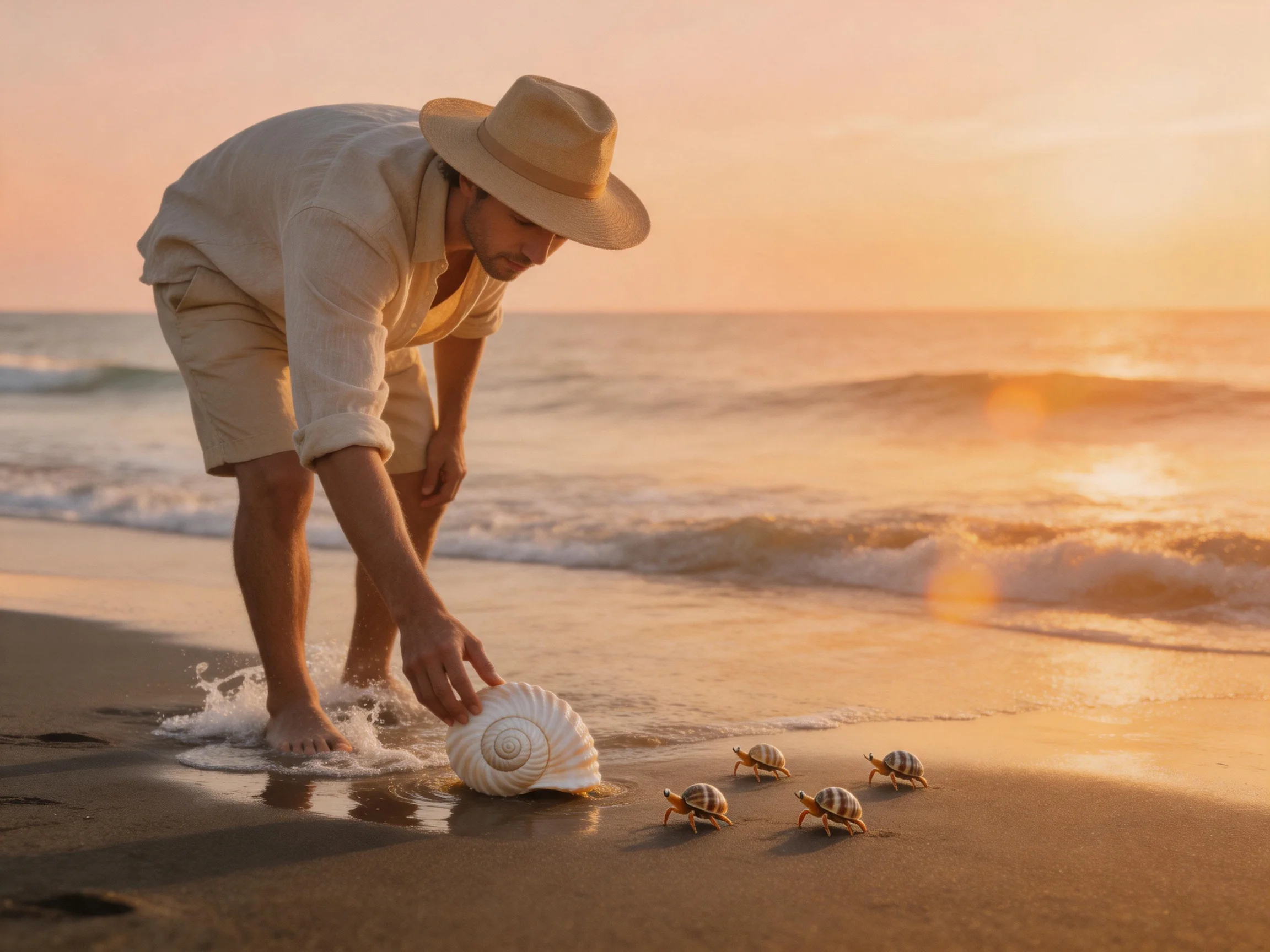 A man interacting with a seashell near small turtles on a sandy beach at sunset