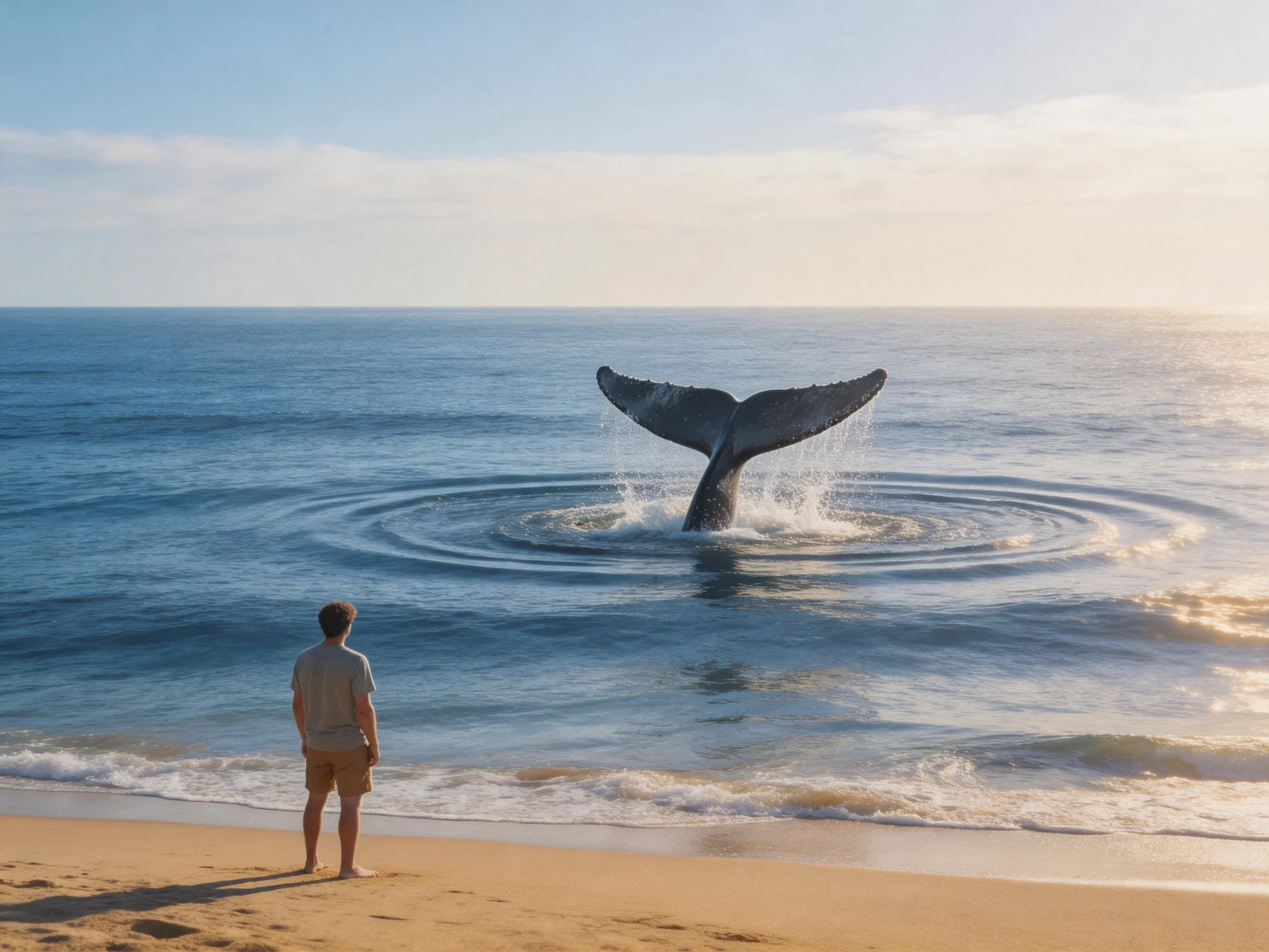 A man observes a whale’s tail breaching off a sandy beach