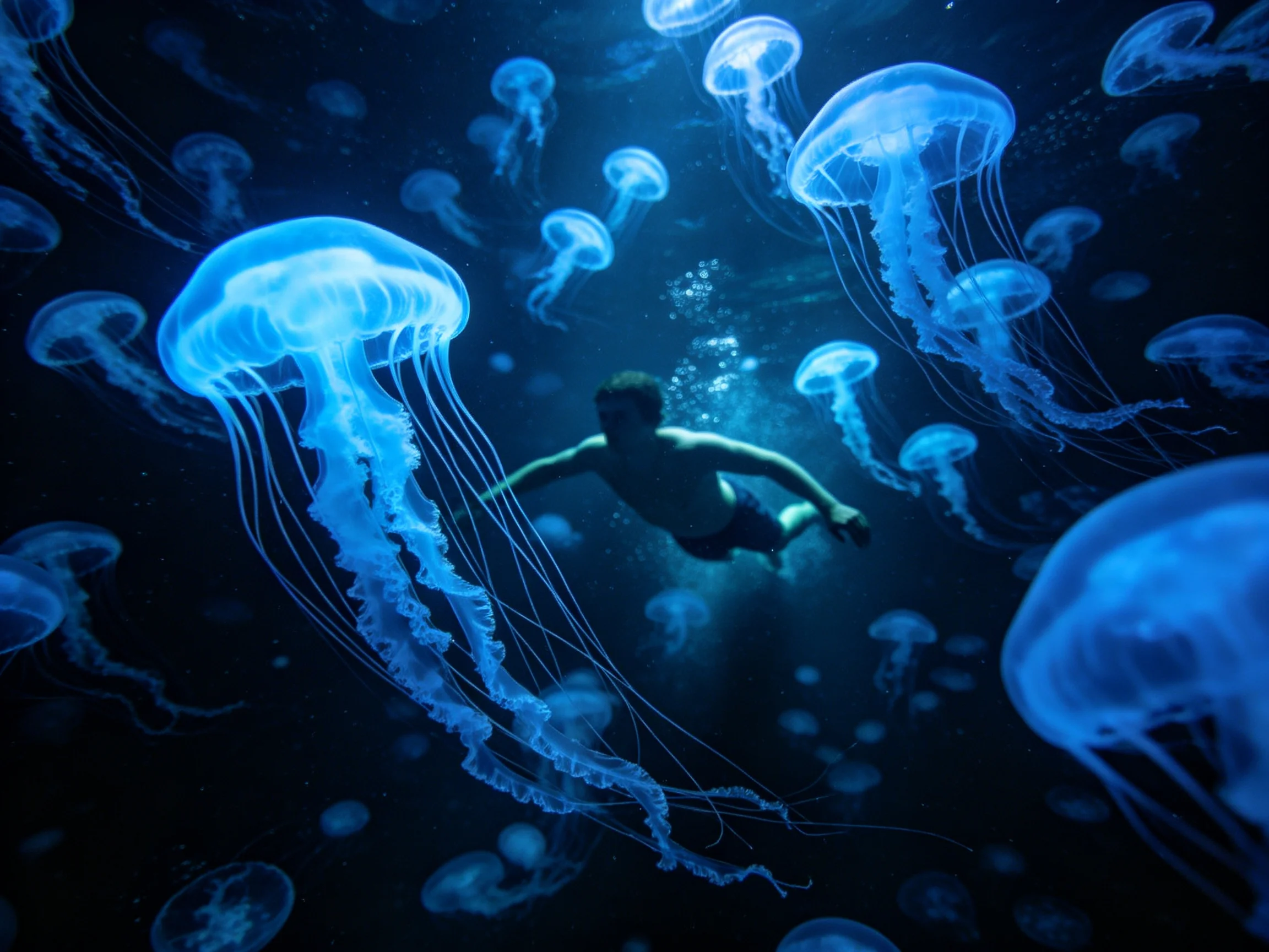 A man swims among numerous glowing blue jellyfish underwater