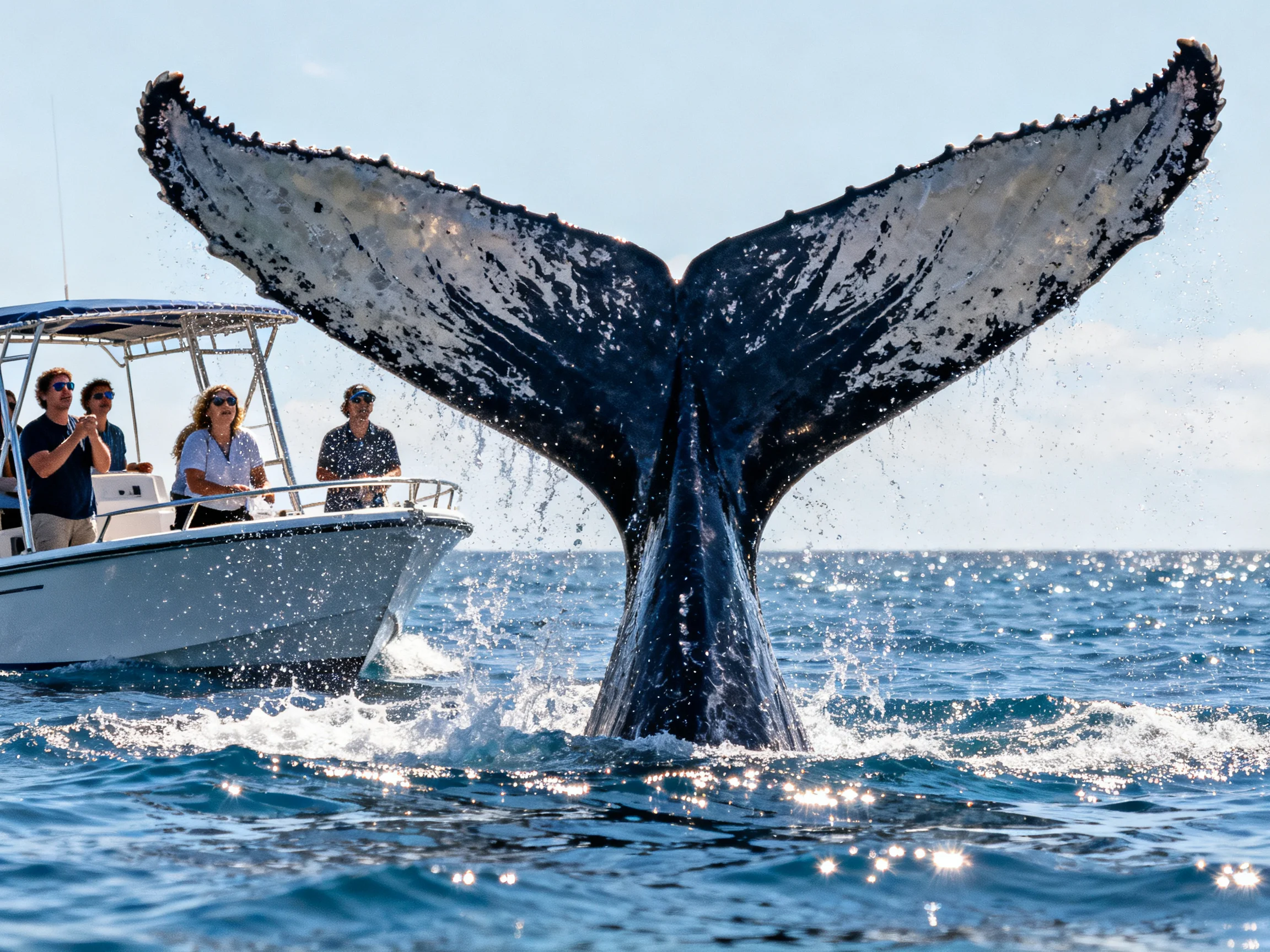 A massive black-and-gray whale tail emerging from sparkling blue ocean near a tour boat
