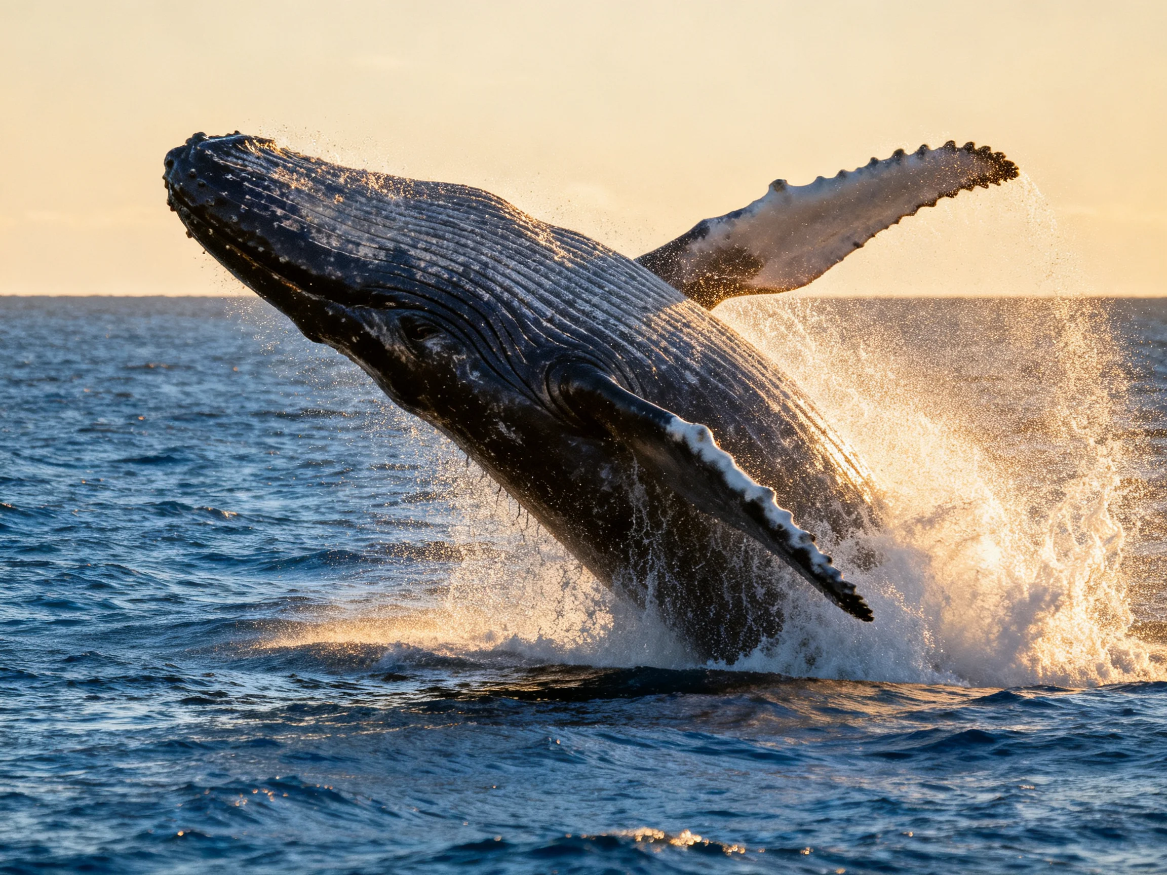 A massive black humpback whale breaches the blue ocean waters