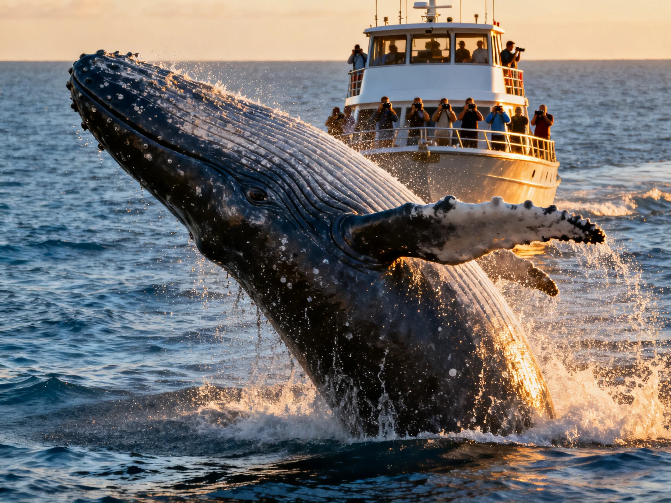 A massive black whale breaches near a white tour boat with spectators