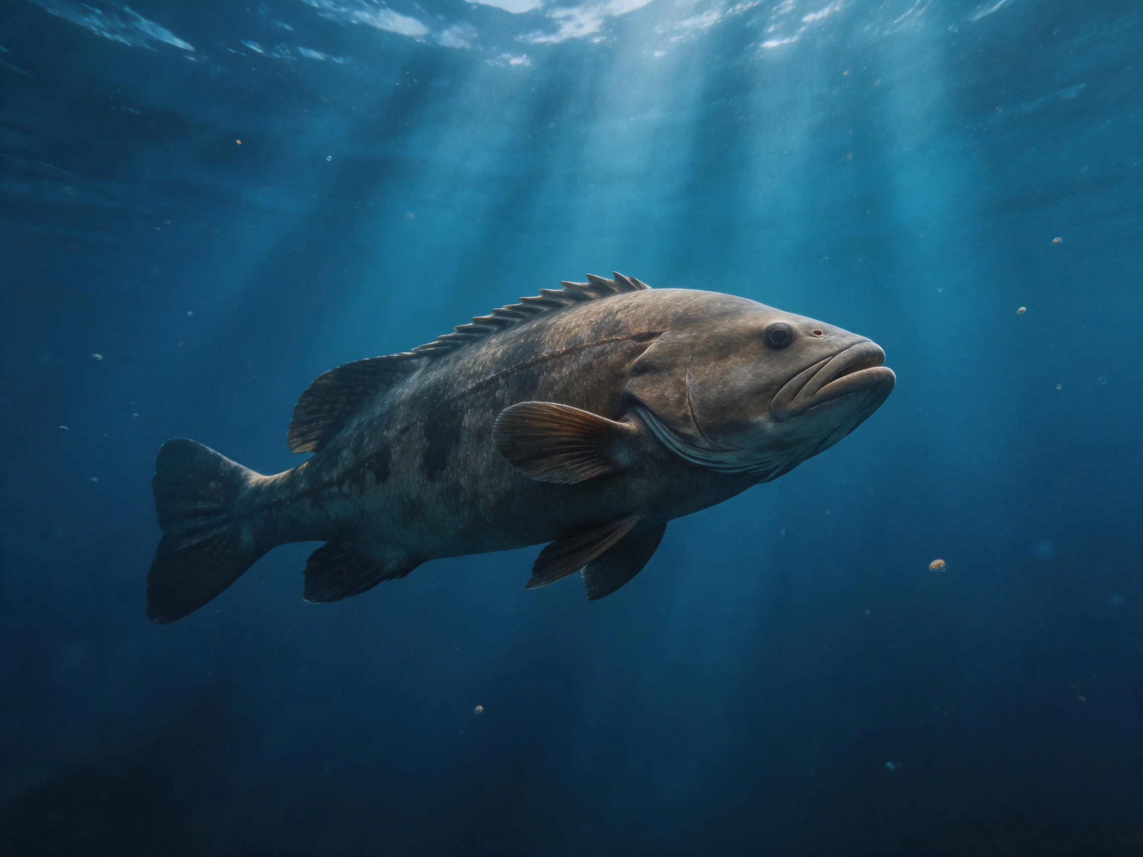 A massive brown fish swims in deep blue ocean waters with sunlight beams