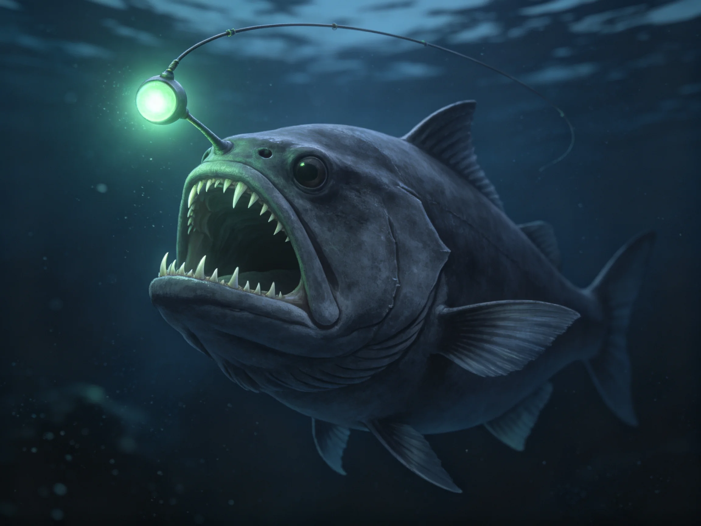 A massive dark gray anglerfish with glowing green lure