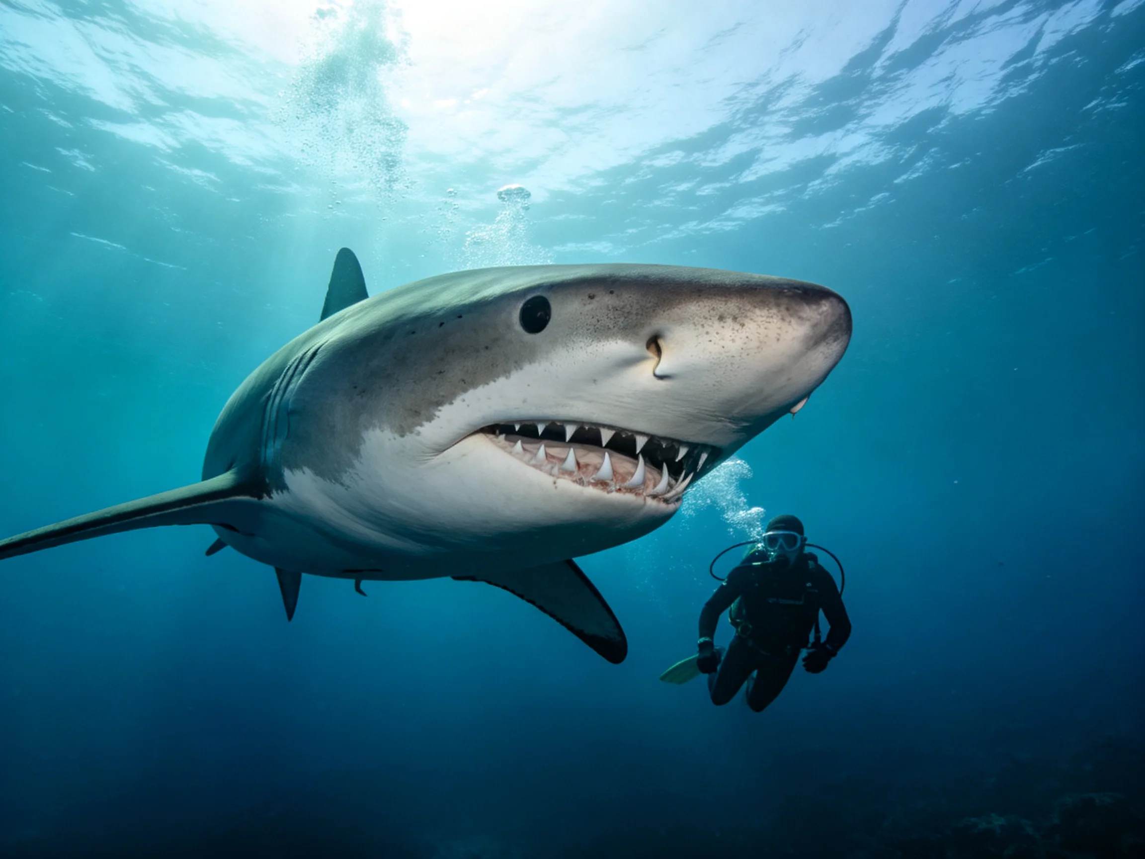 A massive gray great white shark swims beside a scuba diver in deep blue water
