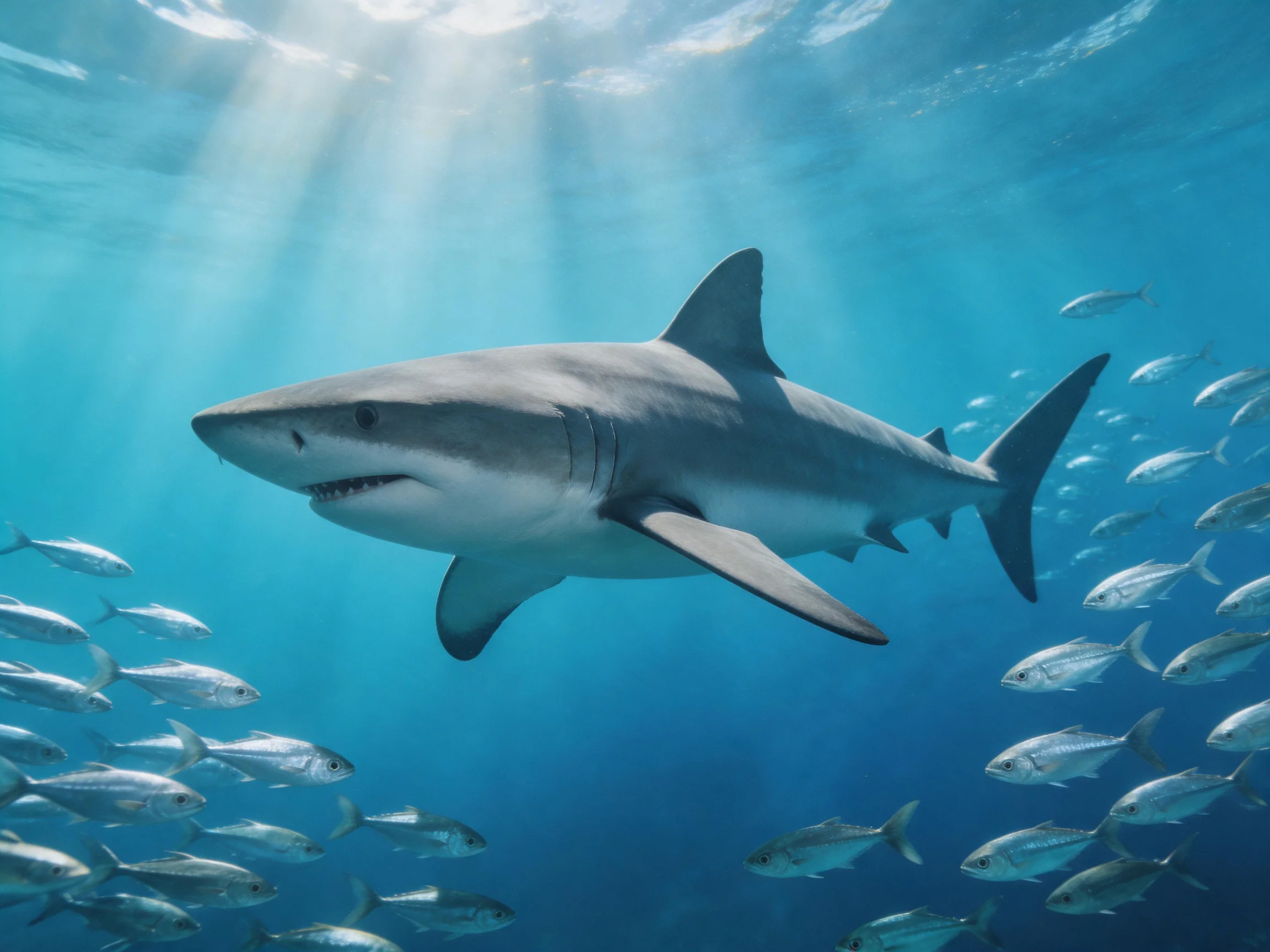 A massive gray shark swims among schools of silver fish in clear blue waters