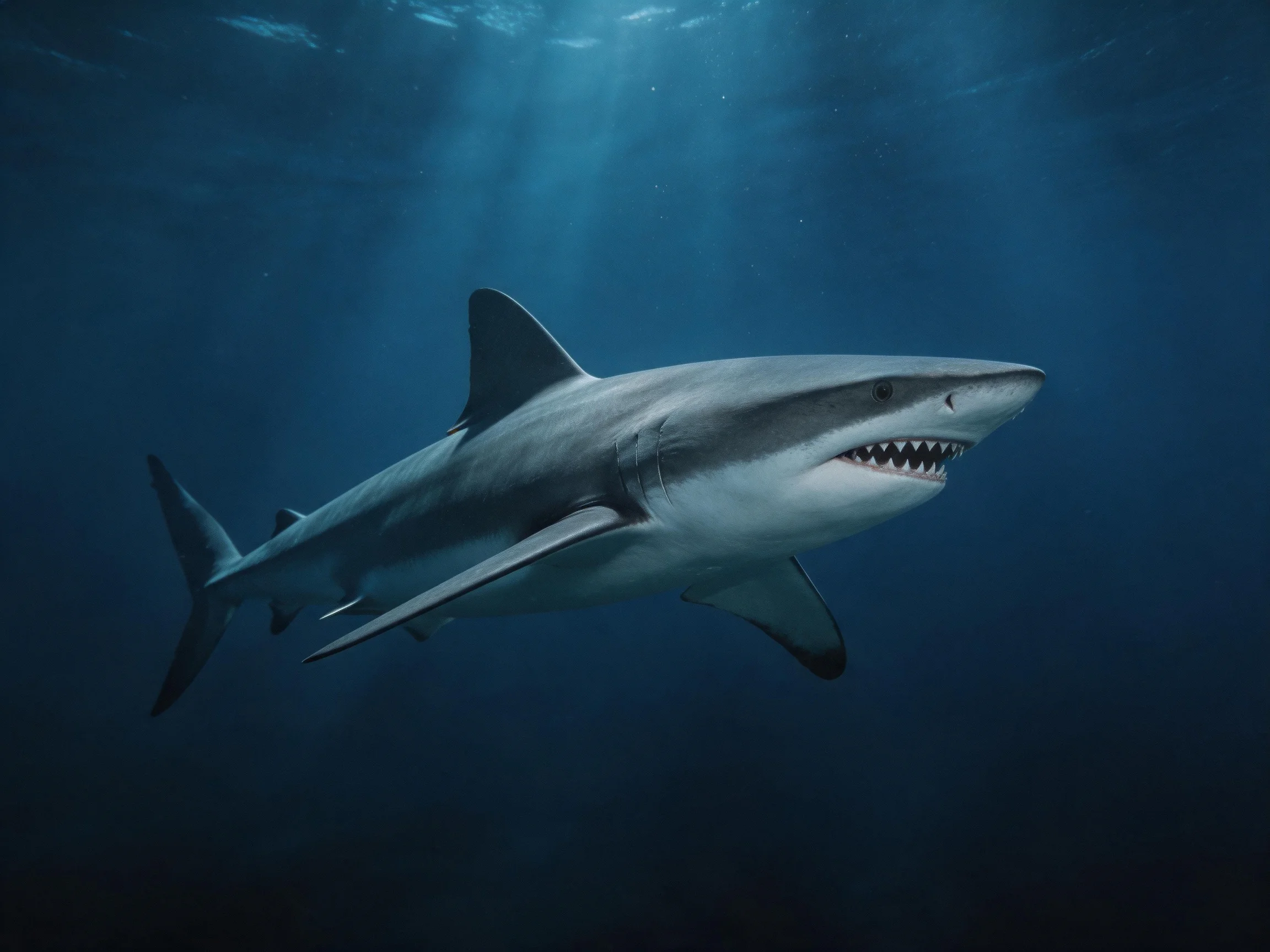 A massive gray shark swims in deep blue ocean waters