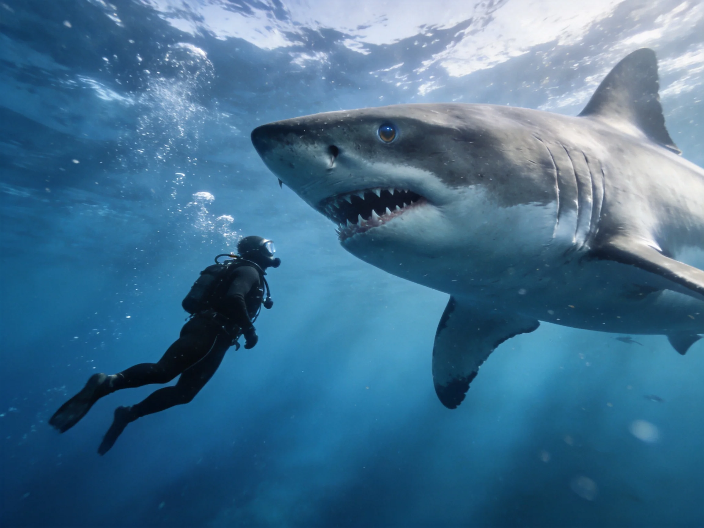 A massive gray shark swims near a scuba diver in deep blue waters