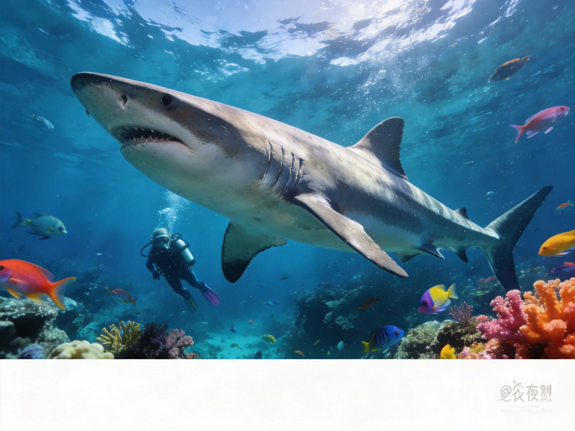 A massive gray shark swims near colorful coral reefs with divers