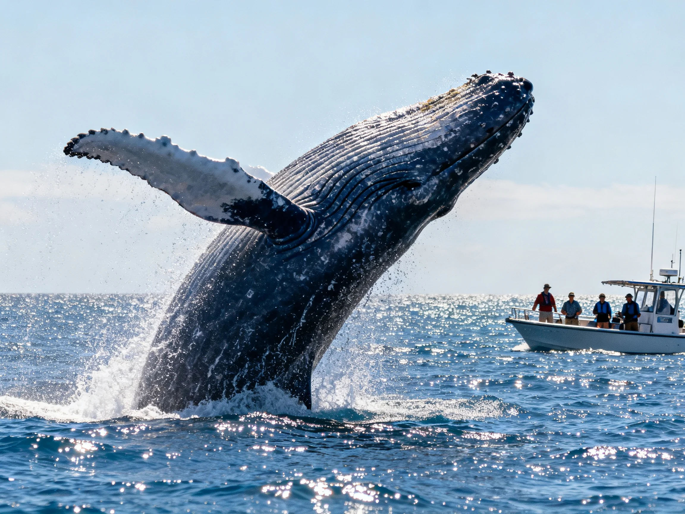 A massive gray whale breaches near a small white tour boat