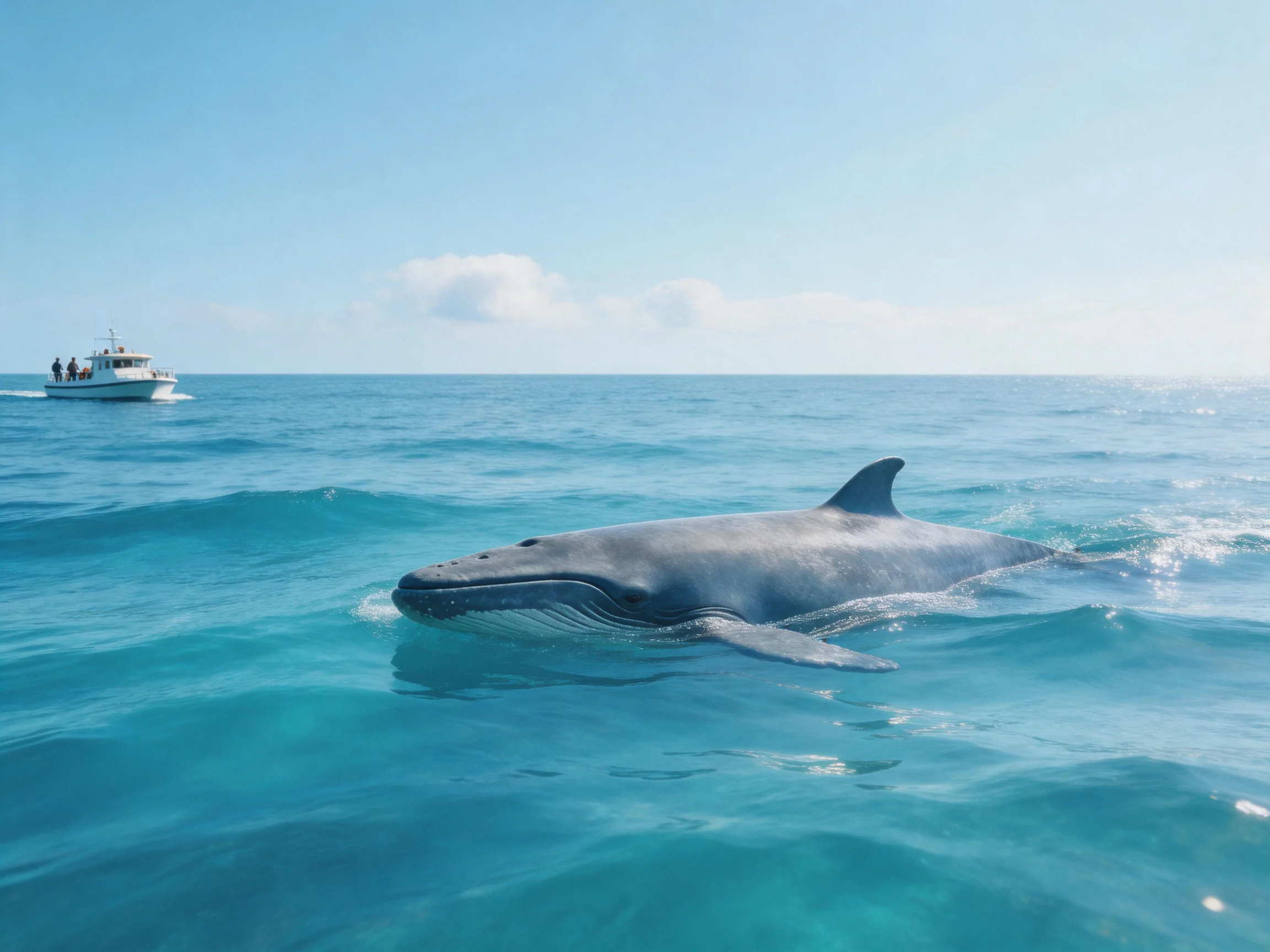 A massive gray whale swims near a white tour boat in turquoise waters