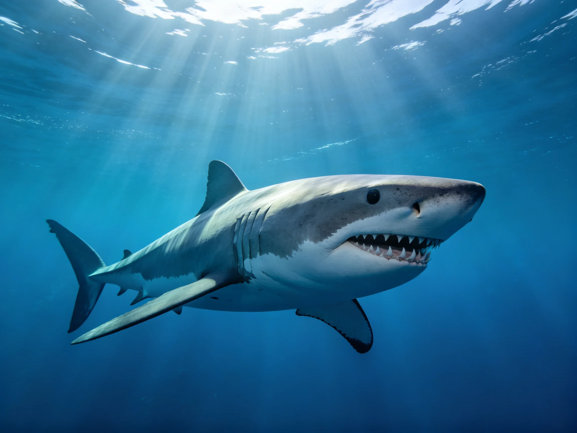 A massive great white shark swims in clear blue ocean depths