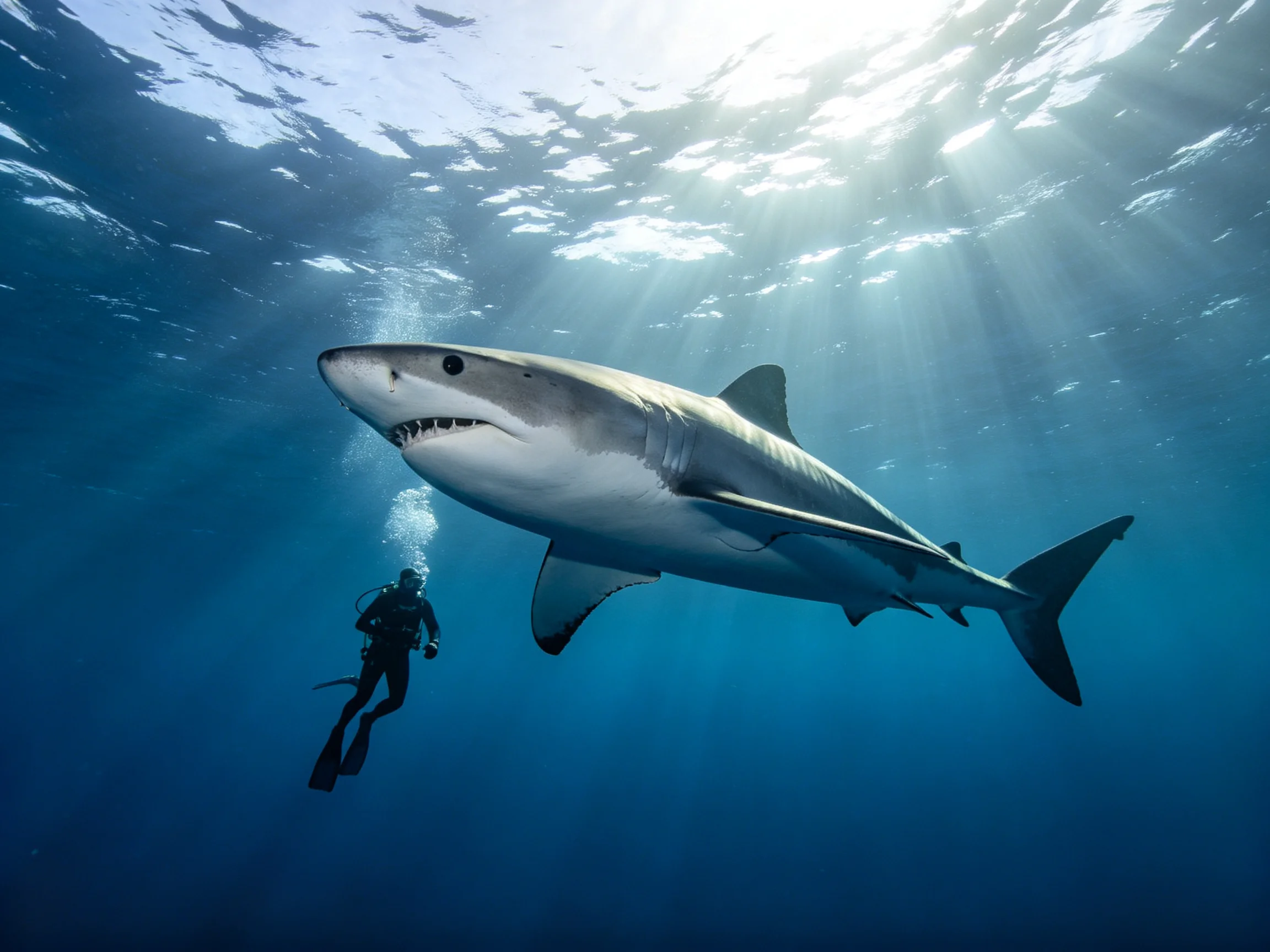 A massive great white shark swims near a scuba diver in deep blue waters