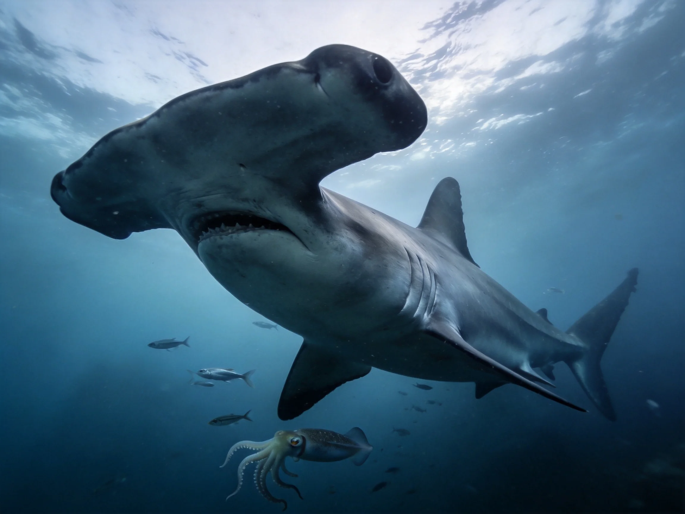 A massive hammerhead shark swims among fish and a squid in blue waters