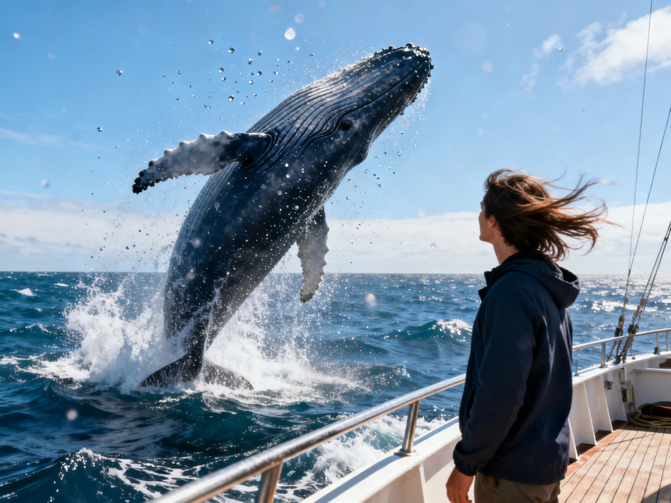 A massive humpback whale breaches near a sailboat with an observer
