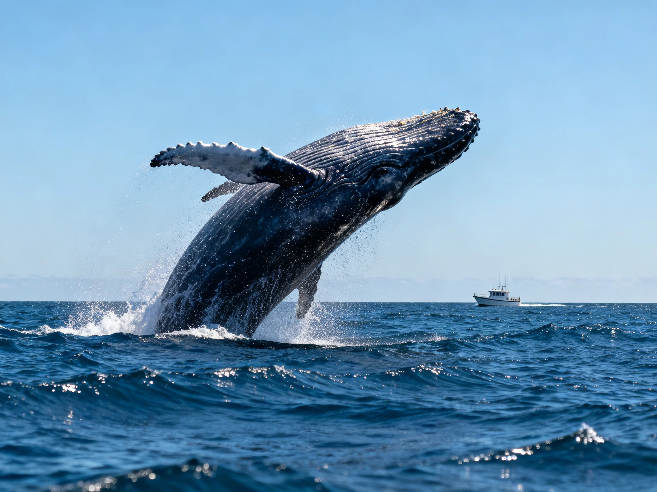 A massive humpback whale breaches the deep blue ocean near a small boat