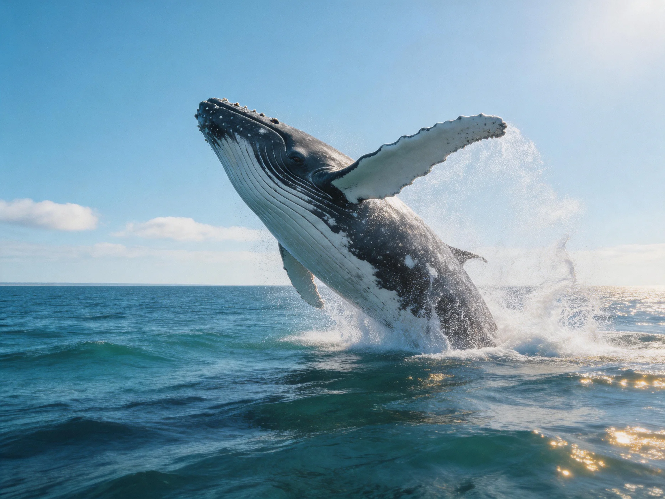 A massive humpback whale breaches turquoise ocean waters under bright sky