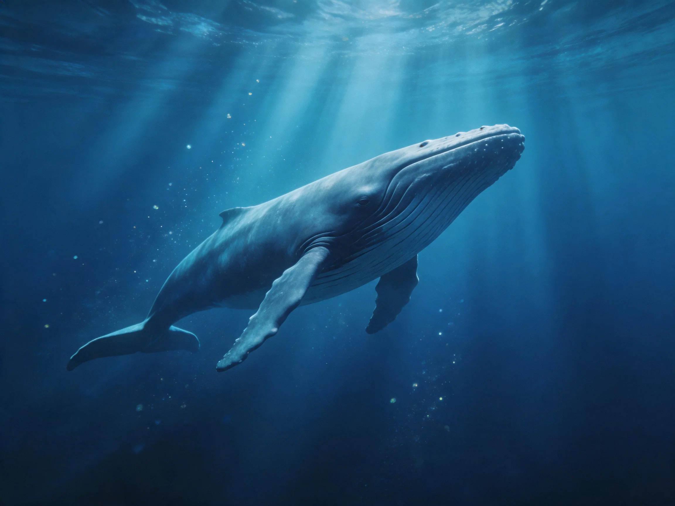 A massive humpback whale swims in deep blue ocean waters with sunbeam illumination