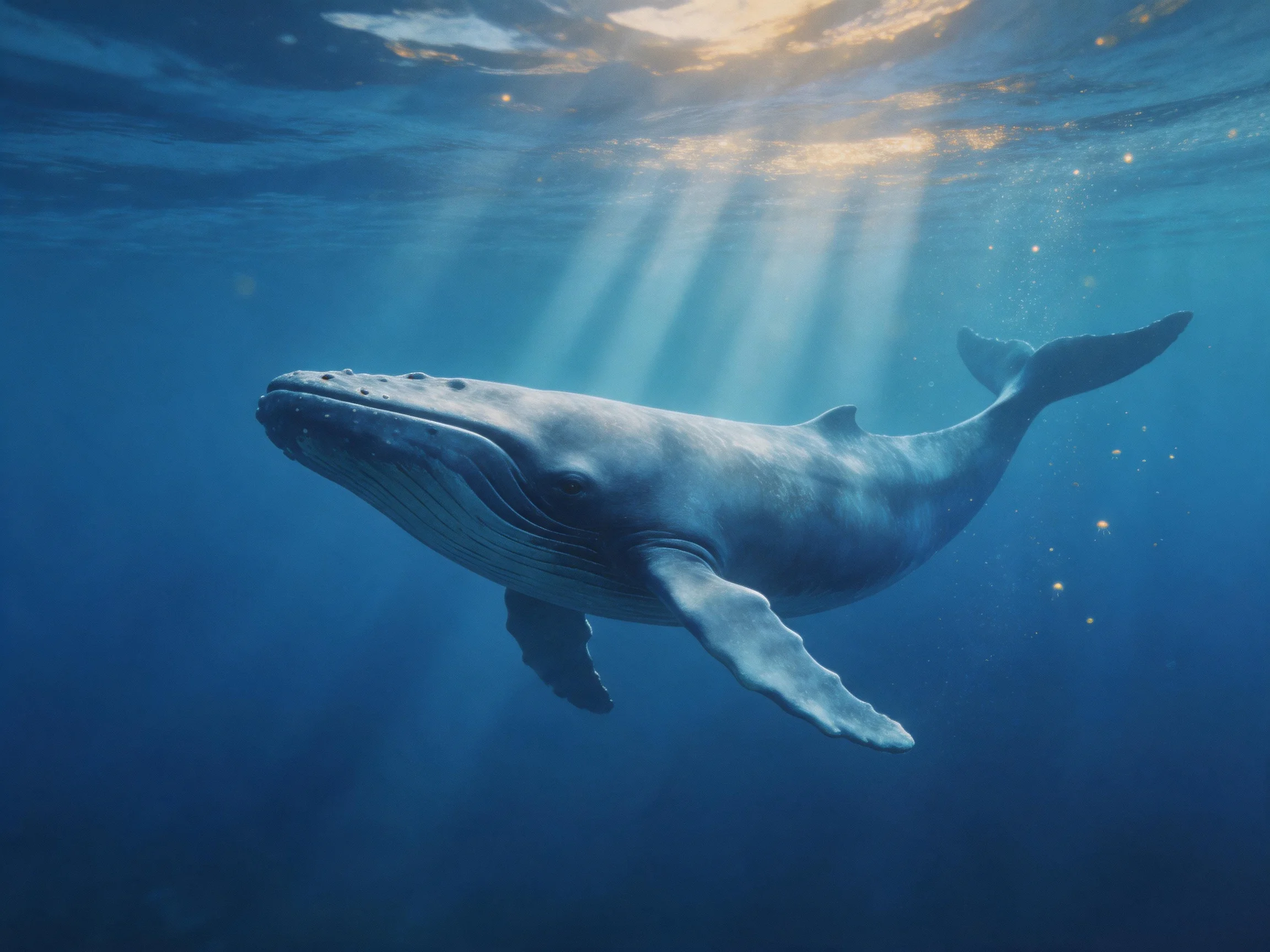 A massive humpback whale swims in deep blue ocean with sunlight beams