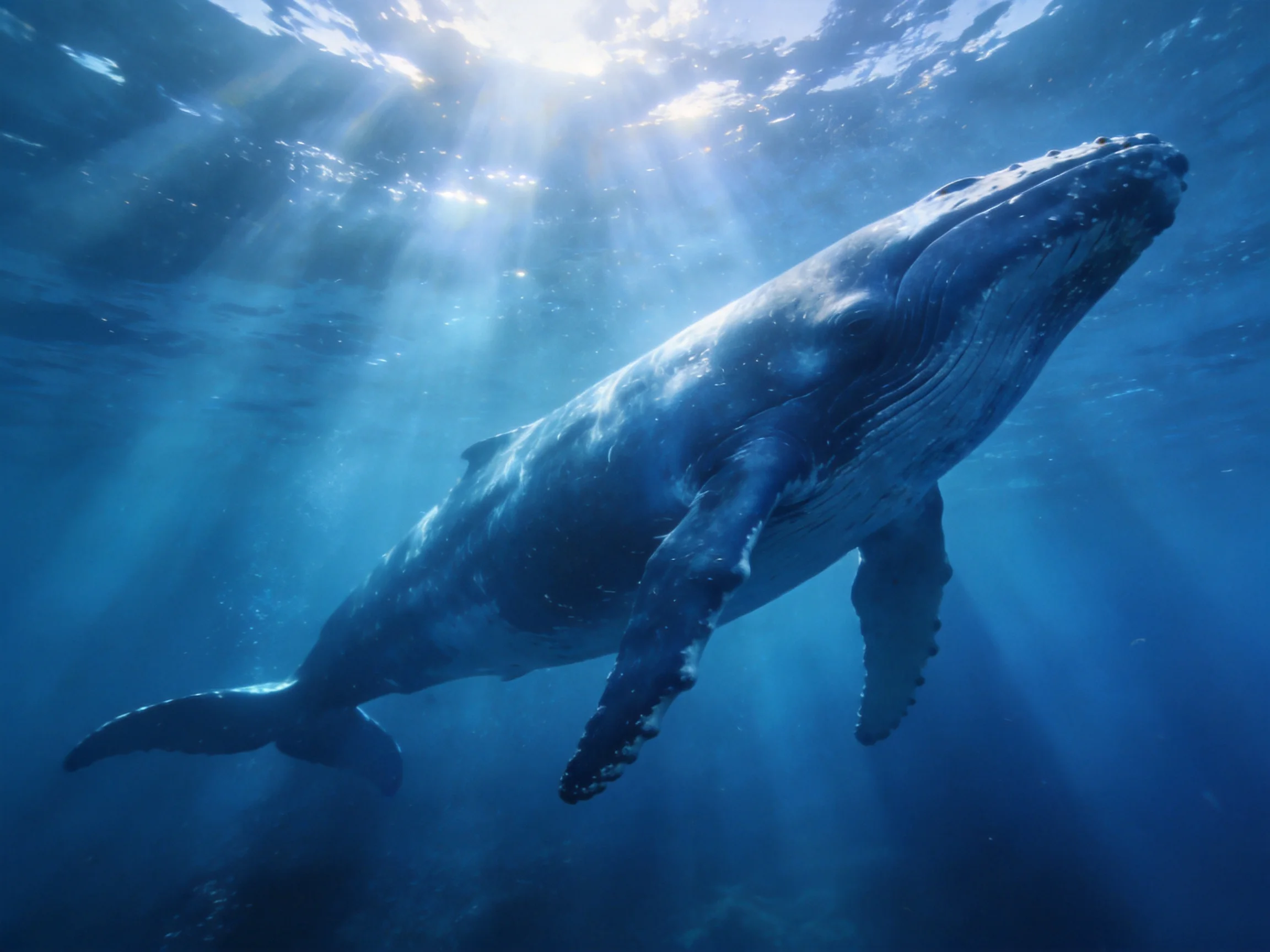 A massive humpback whale swims through deep blue ocean waters with sunbeams