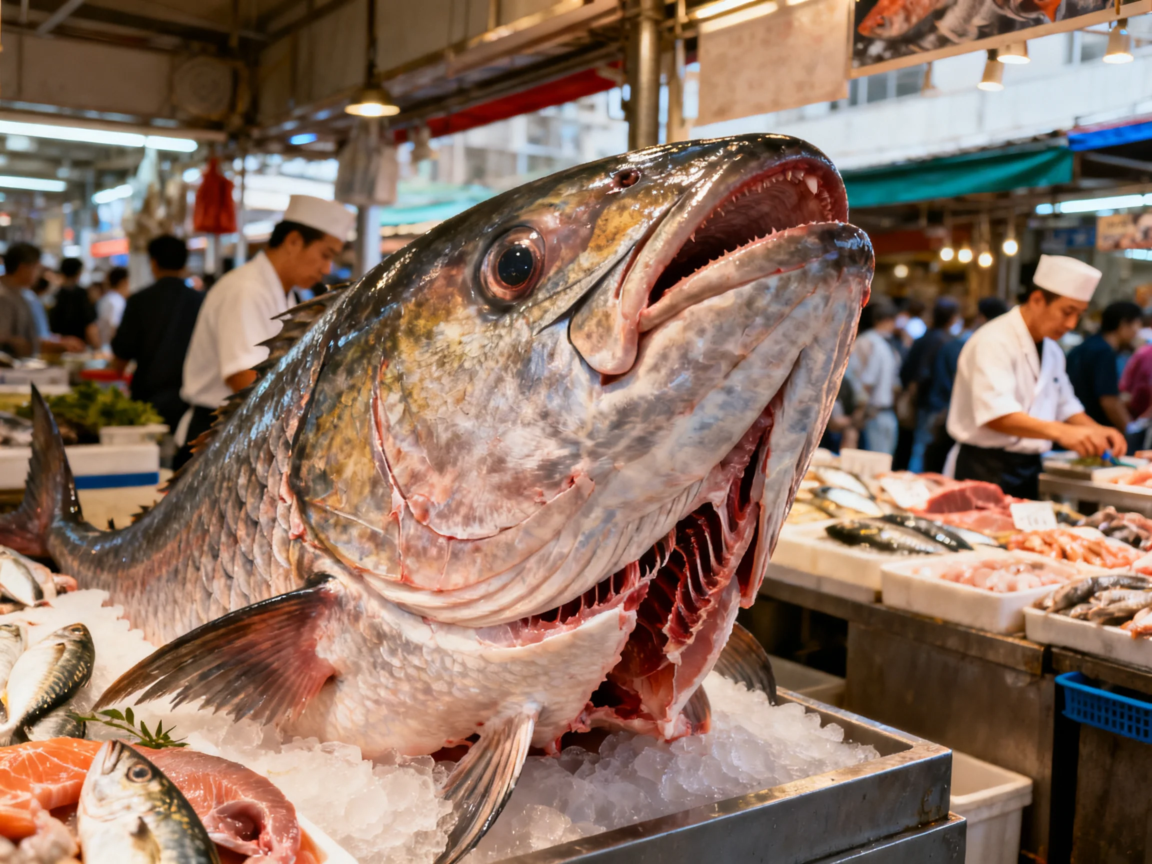 A massive silver fish displayed on crushed ice in a bustling seafood market