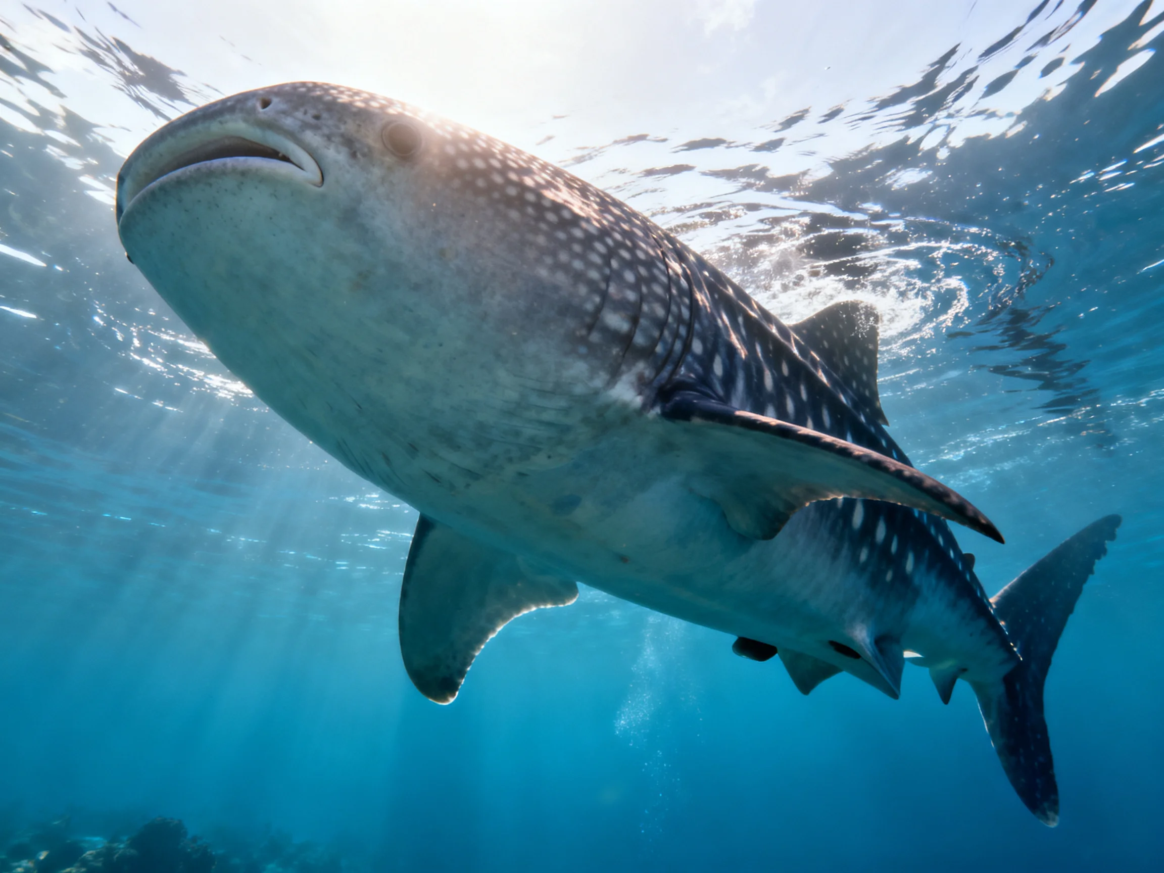 A massive spotted whale shark swims in clear blue ocean waters