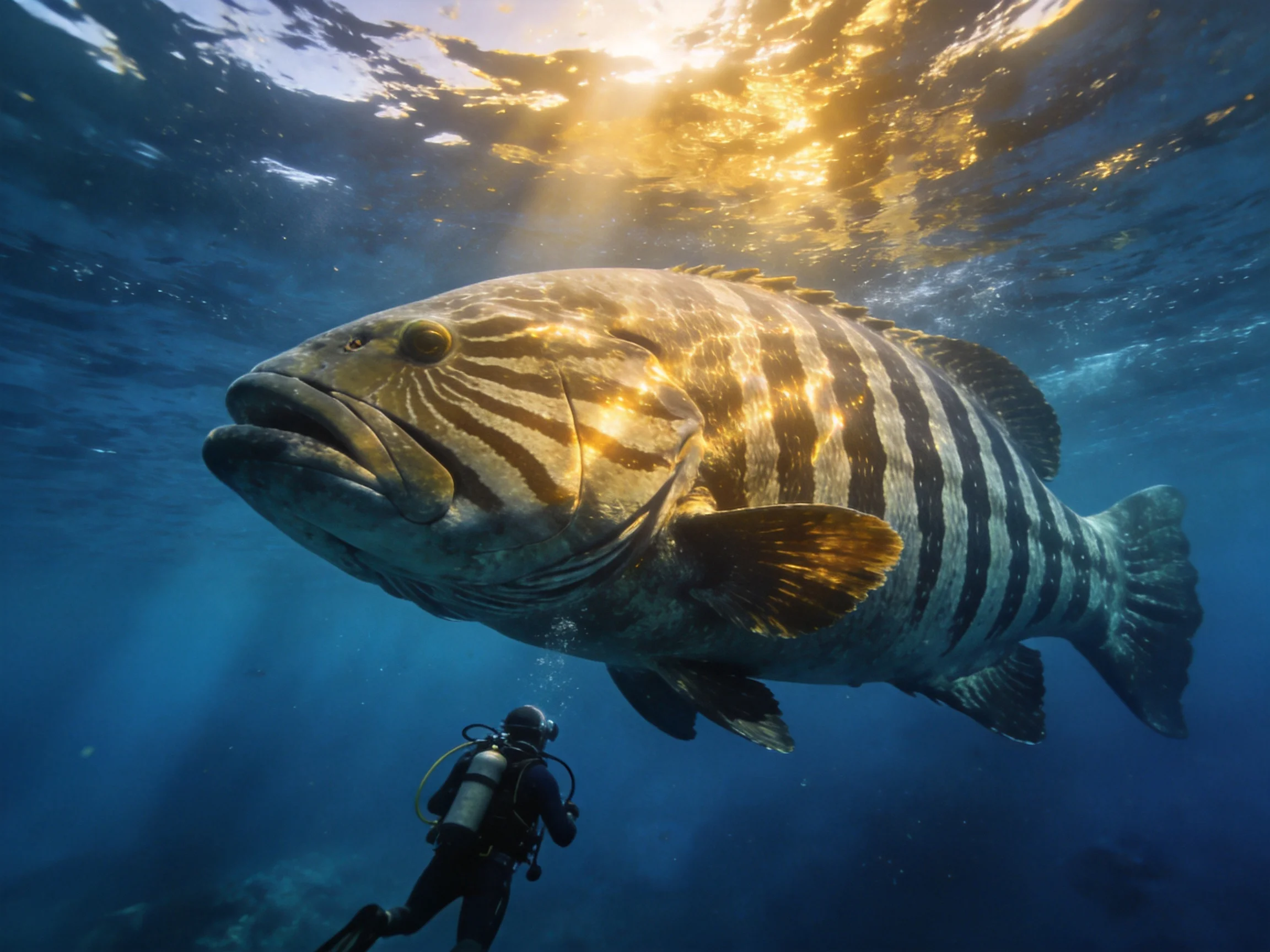 A massive striped fish swims near a scuba diver in deep blue waters