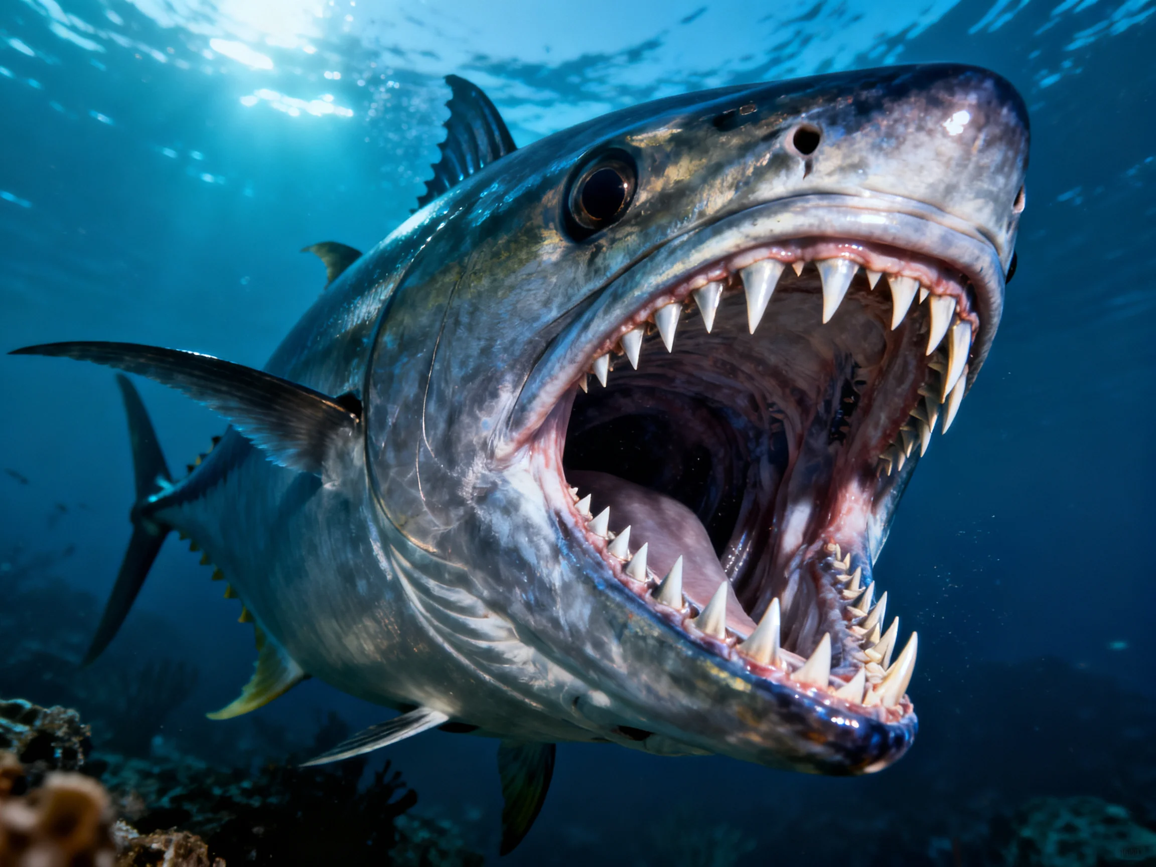 A massive tuna-like fish with sharp teeth swimming near coral reef