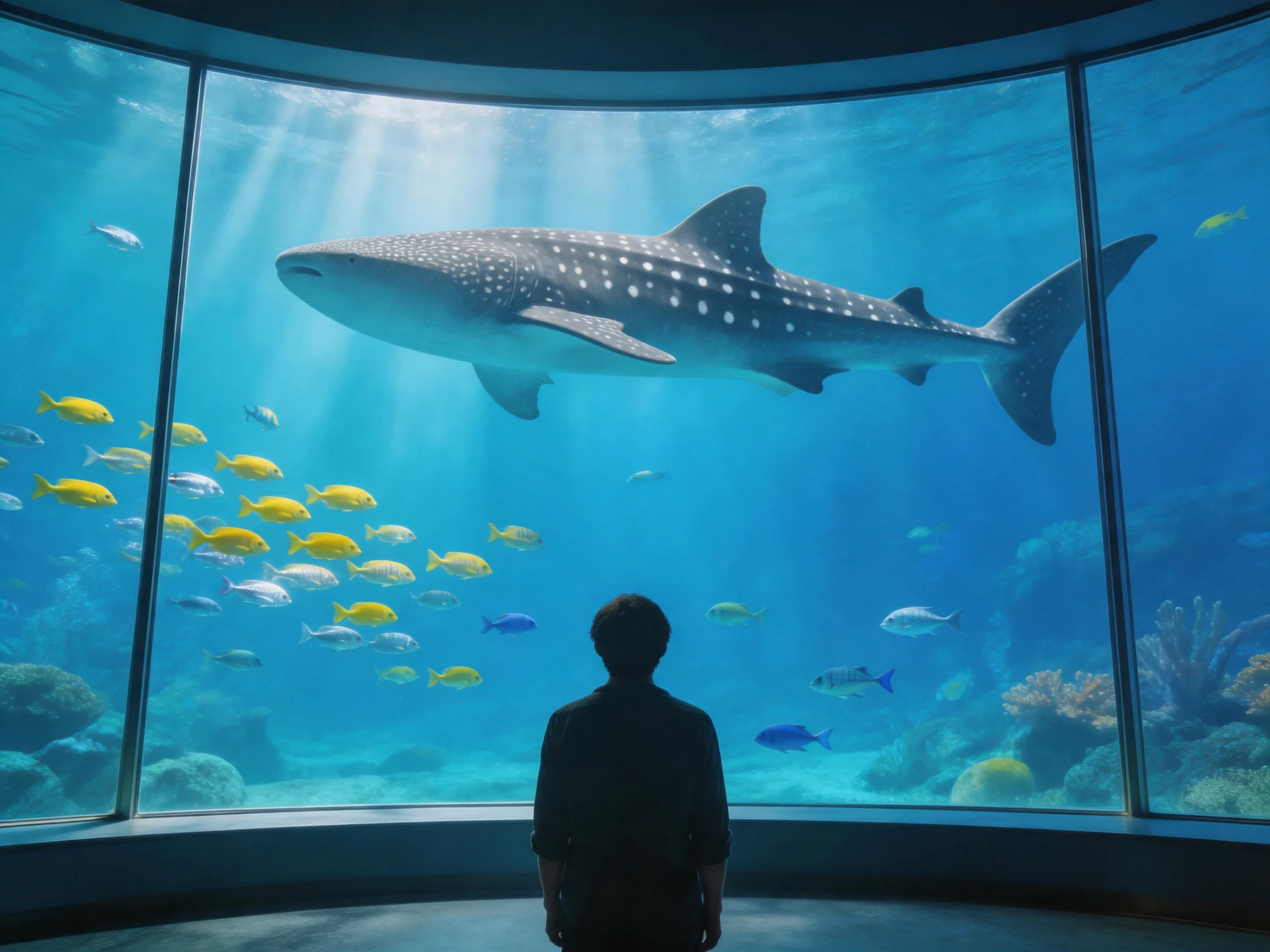 A massive whale shark swims among colorful fish in an aquarium