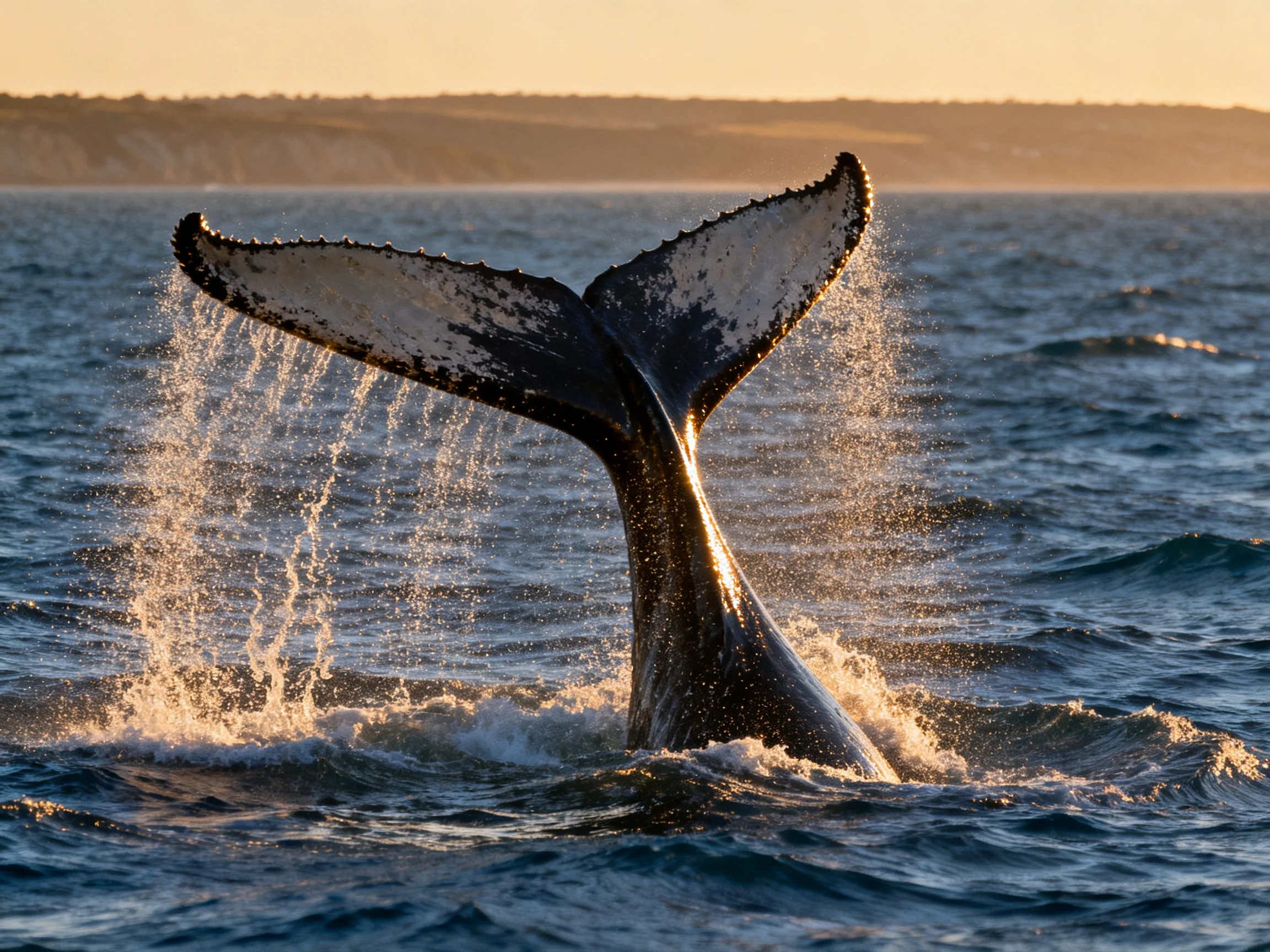A massive whale’s tail rises from the ocean at sunset