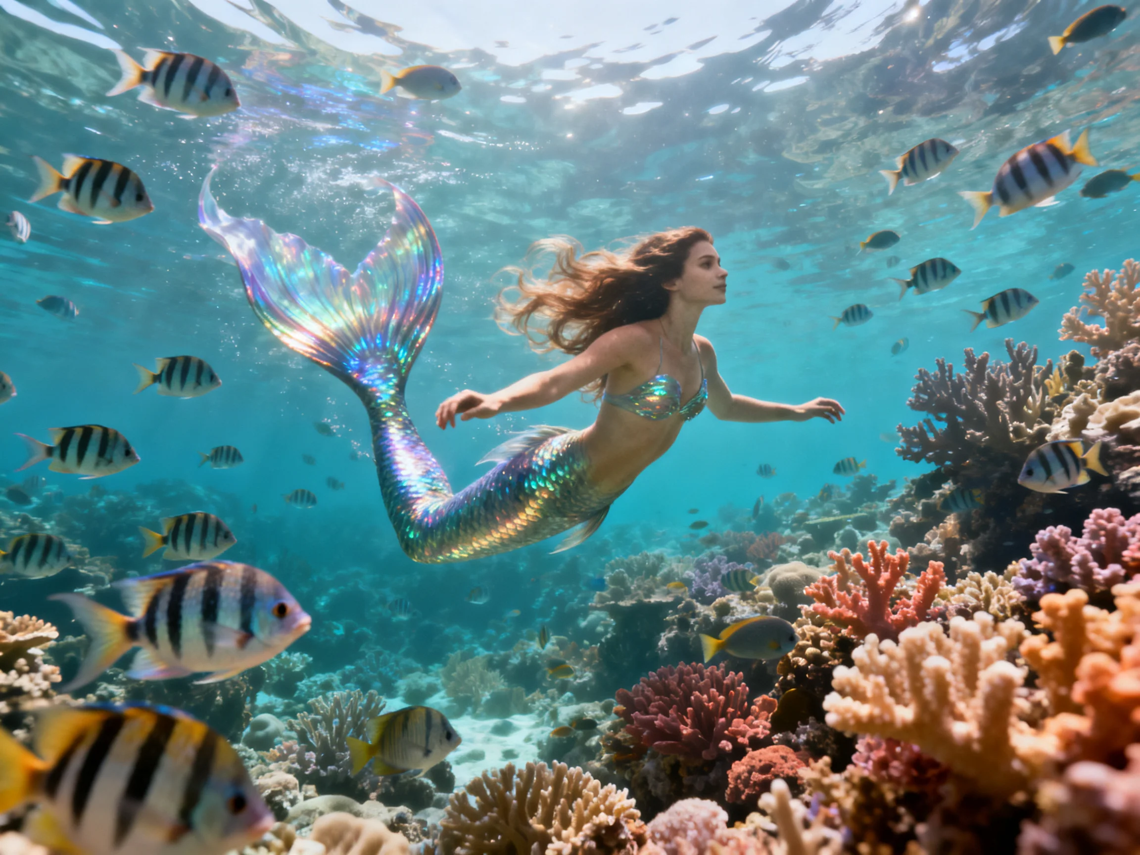 A mermaid swims among striped fish near colorful coral formations
