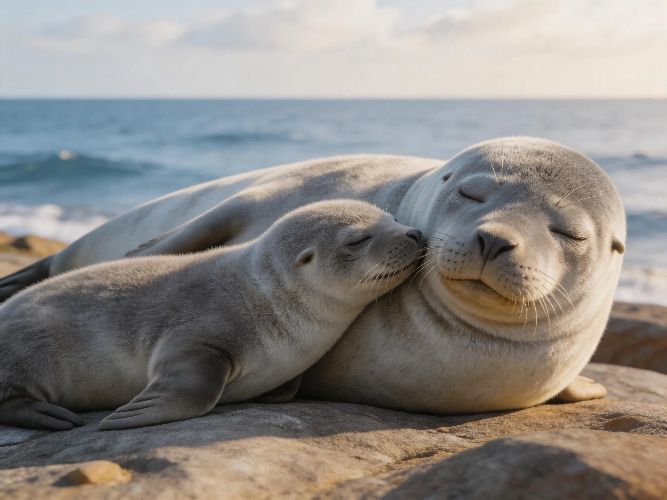 A mother seal and her pup rest on rocky shore by blue ocean