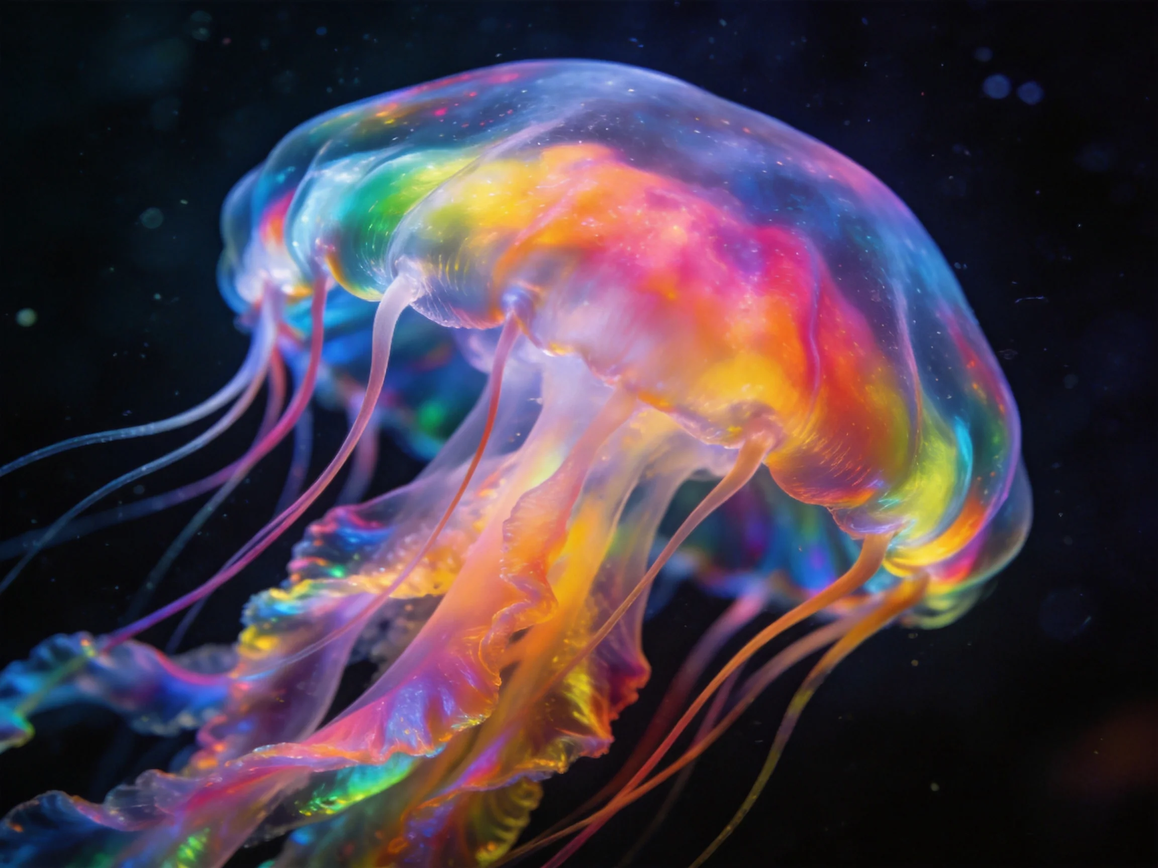 A multicolored, iridescent jellyfish floating in deep black water