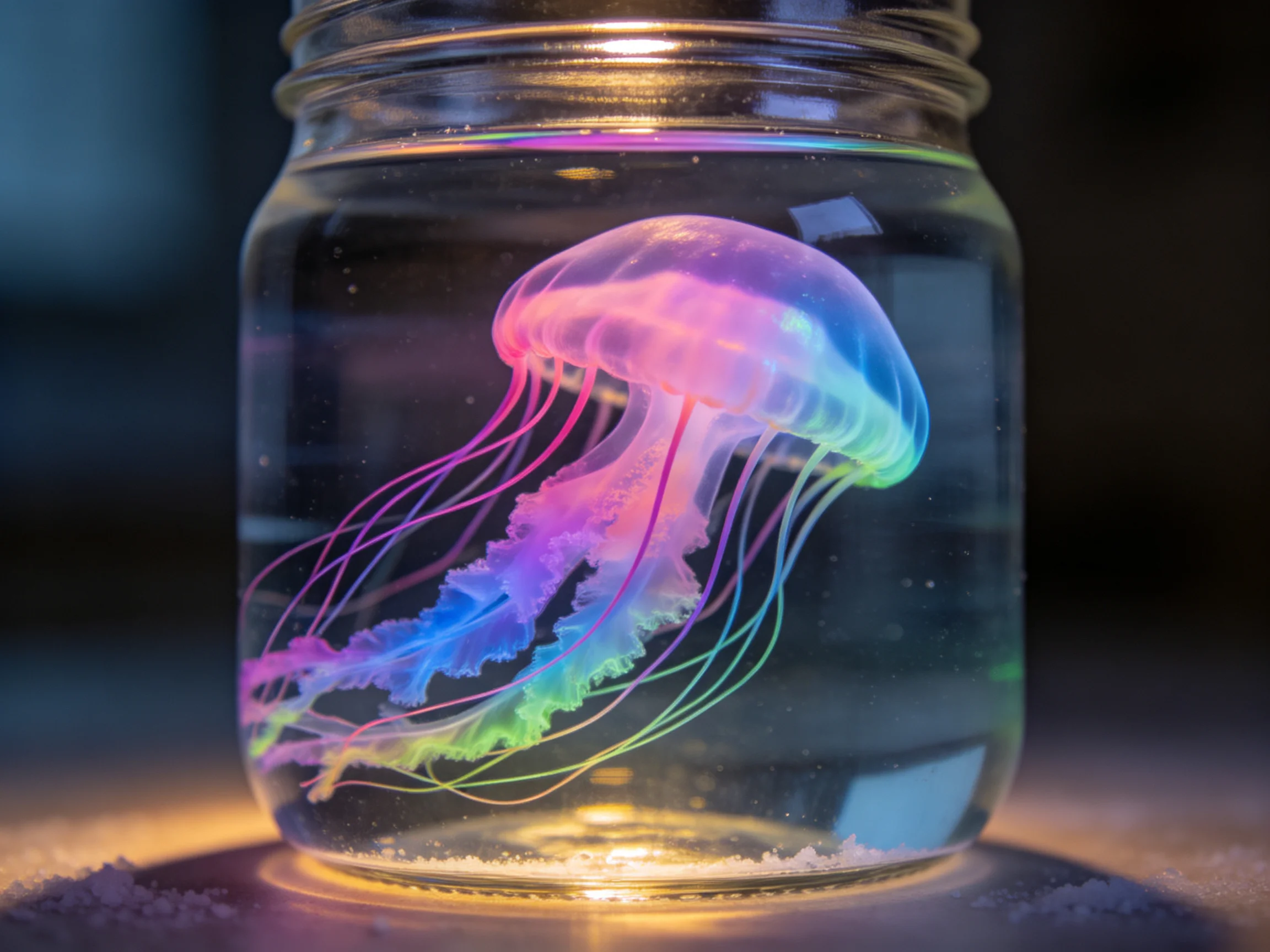 A multicolored jellyfish inside a clear glass jar with glowing accents
