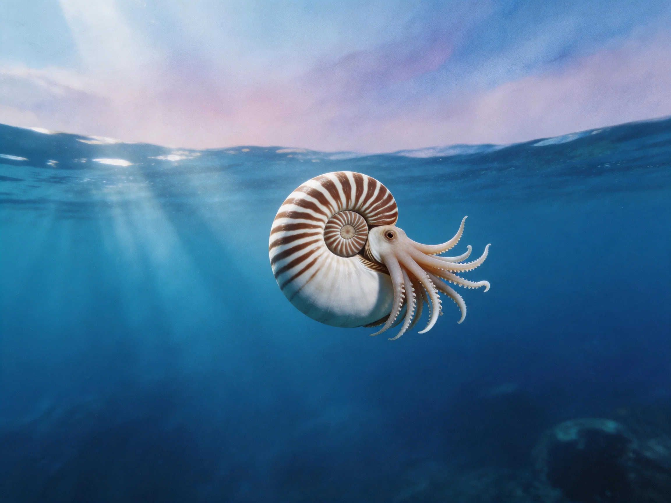 A nautilus swims in deep blue ocean waters with brown-striped shell