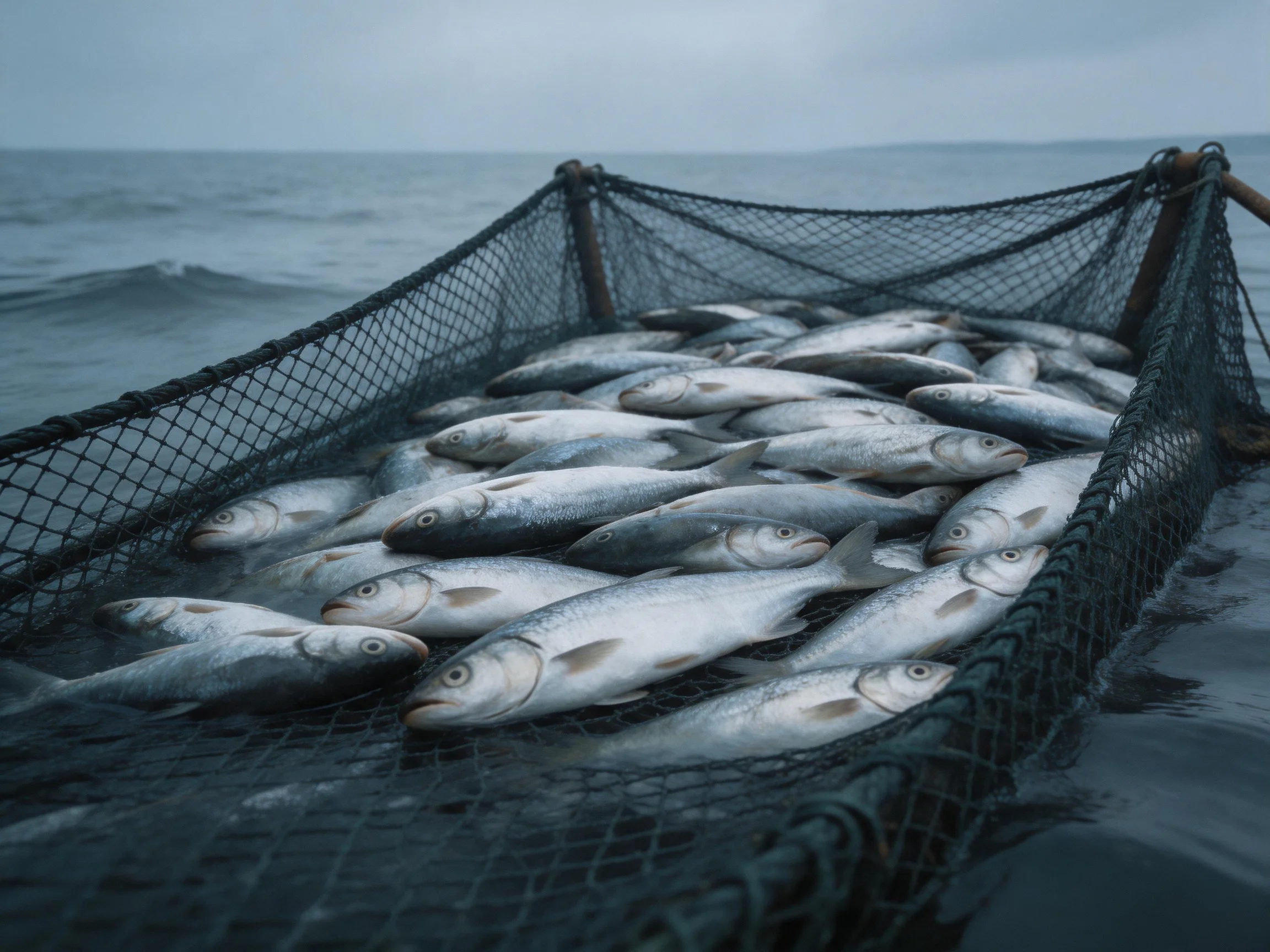 A net filled with silver fish floats on calm ocean waters