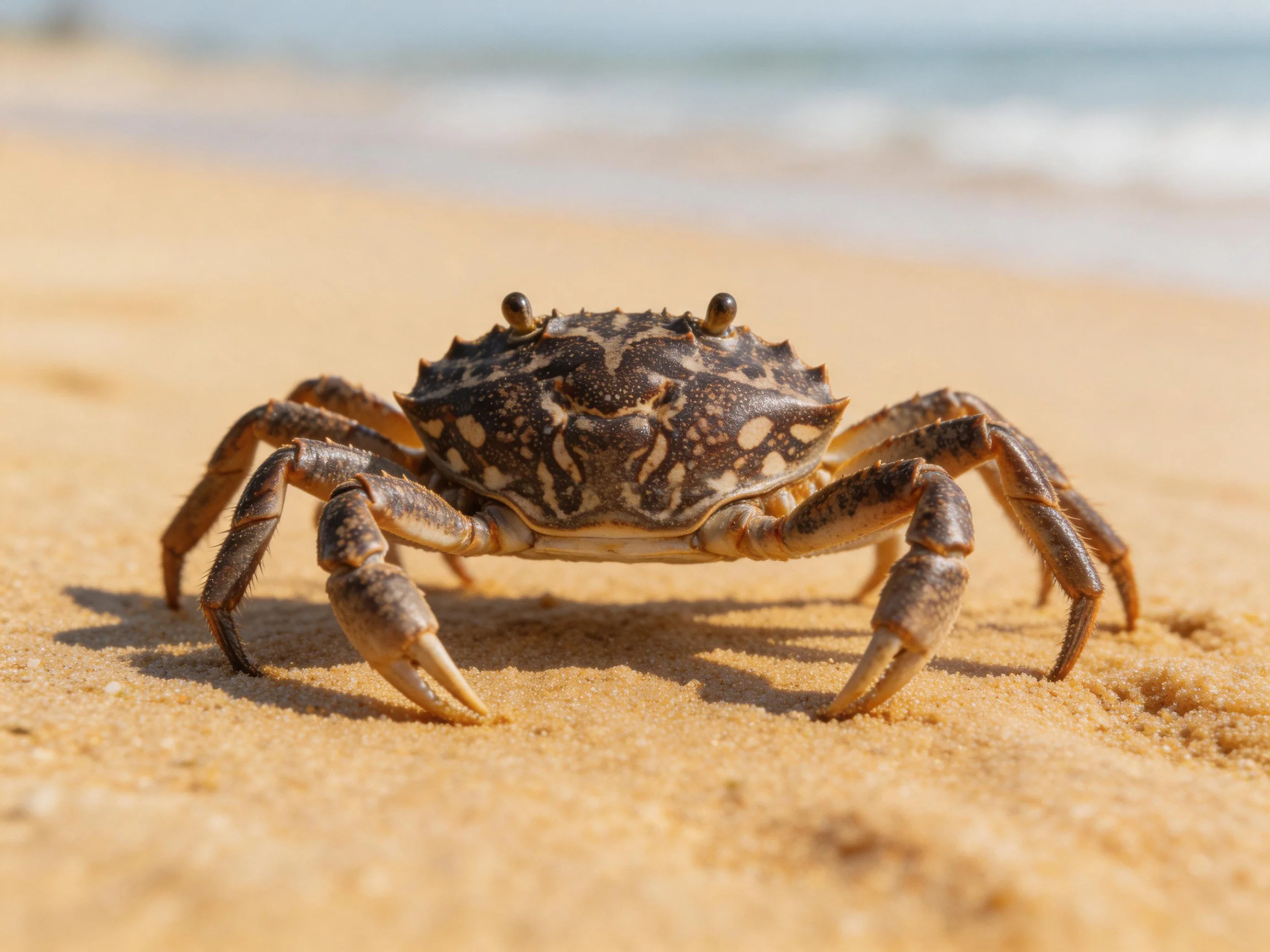 A patterned brown crab walking on golden sand near the shoreline