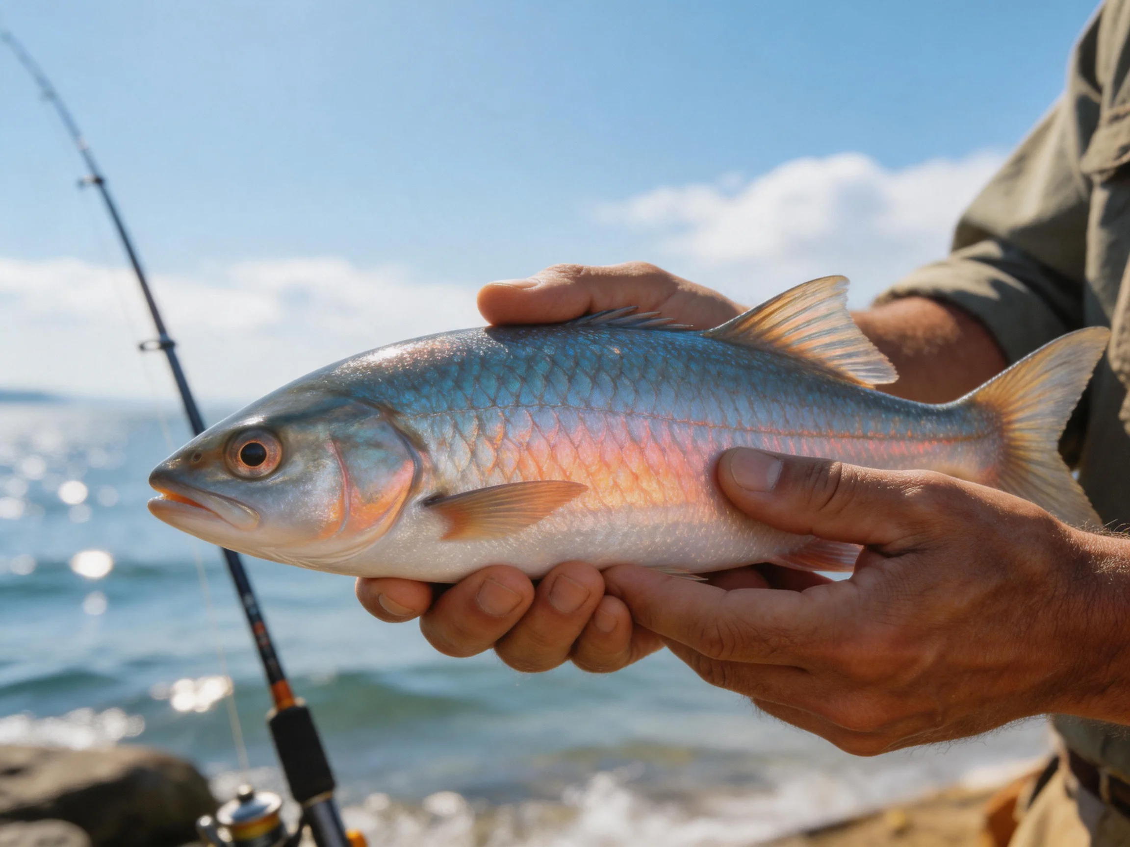 A person holding a silver-pink fish by the shoreline with a fishing rod