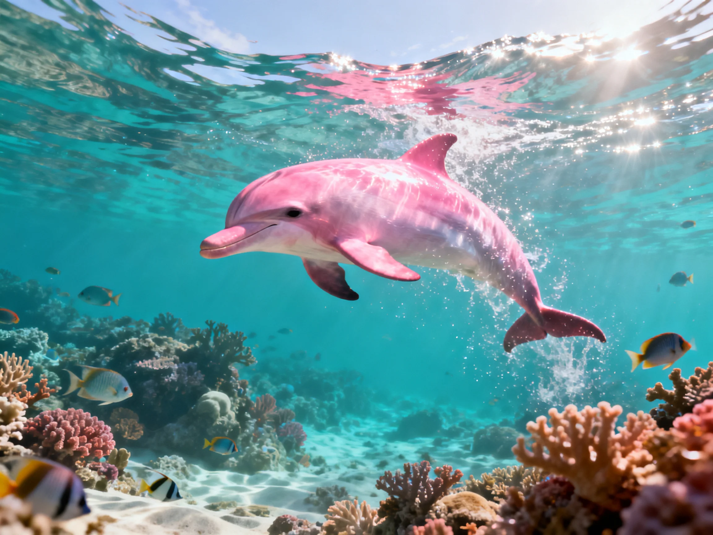 A pink dolphin swims near vibrant coral reefs and tropical fish