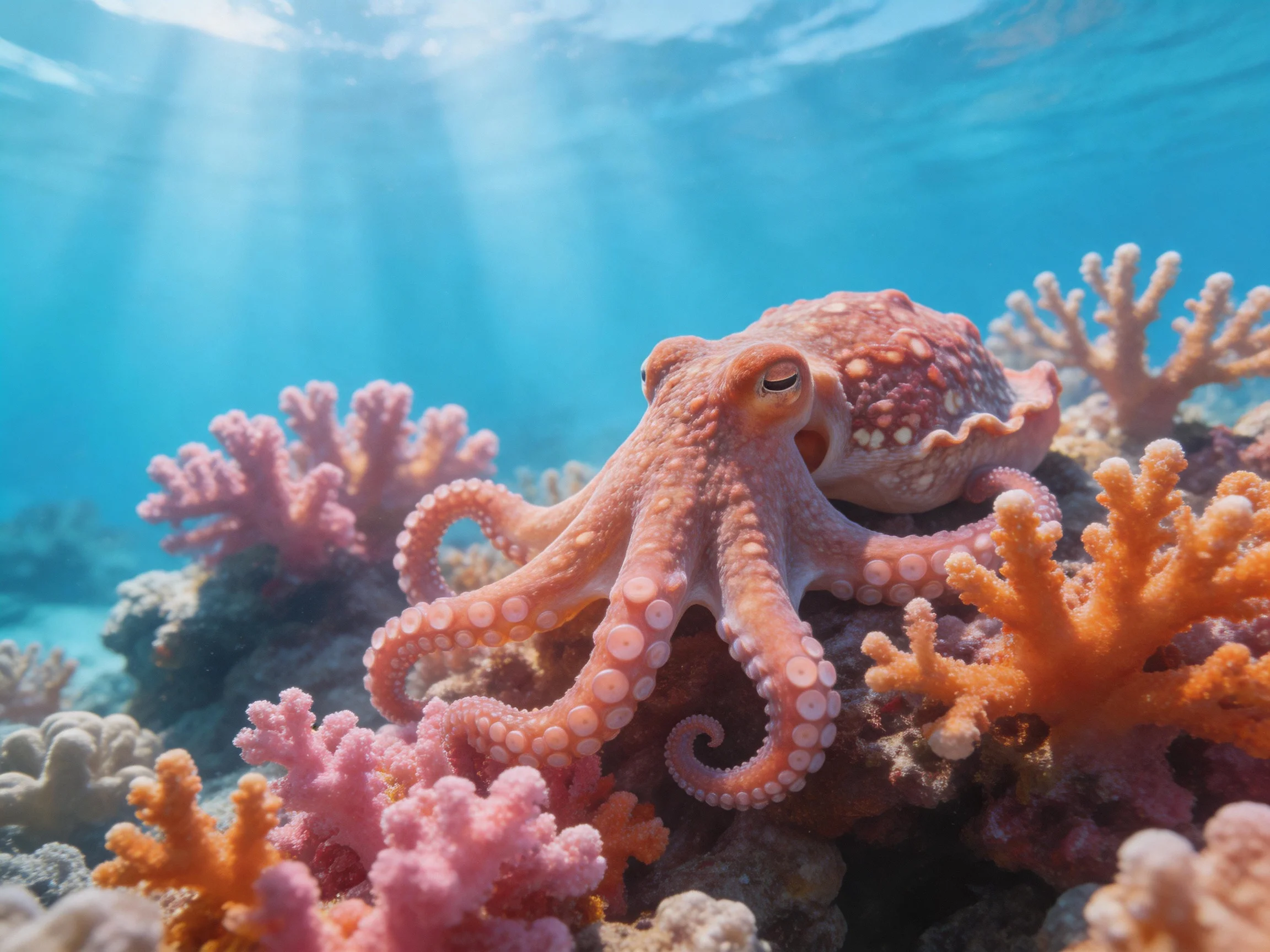 A pink octopus among colorful coral formations in clear blue water