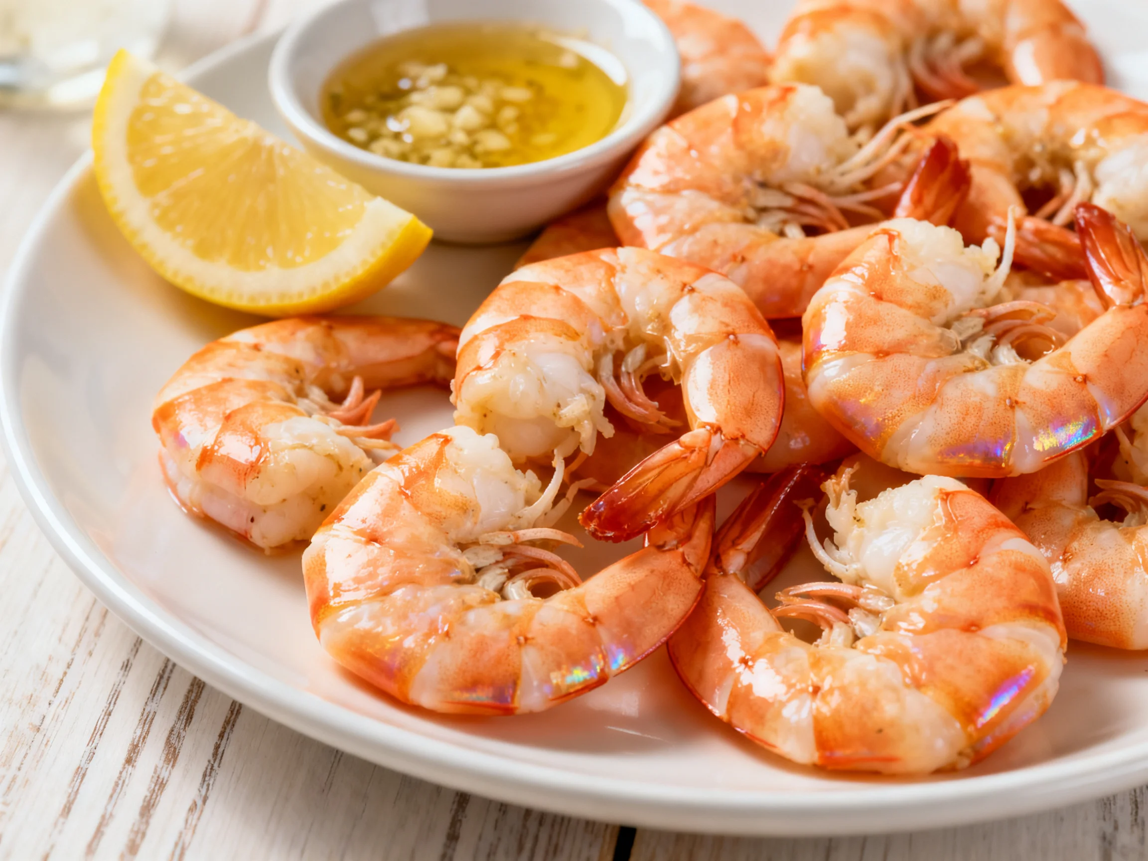 A platter of cooked shrimp with lemon and garlic sauce