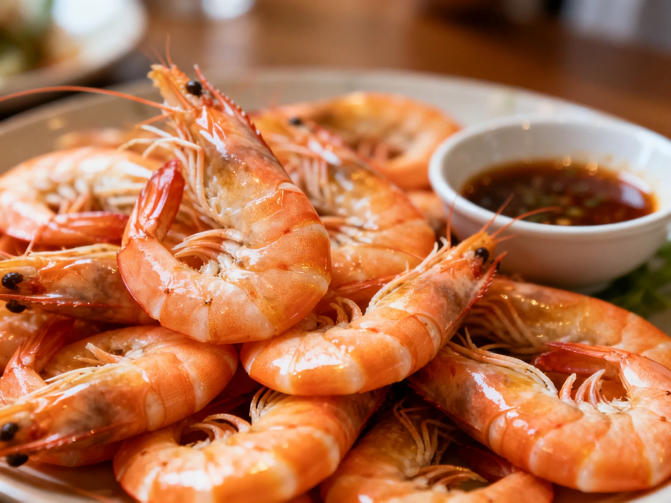 A platter of golden-hued cooked shrimp with a small sauce dish