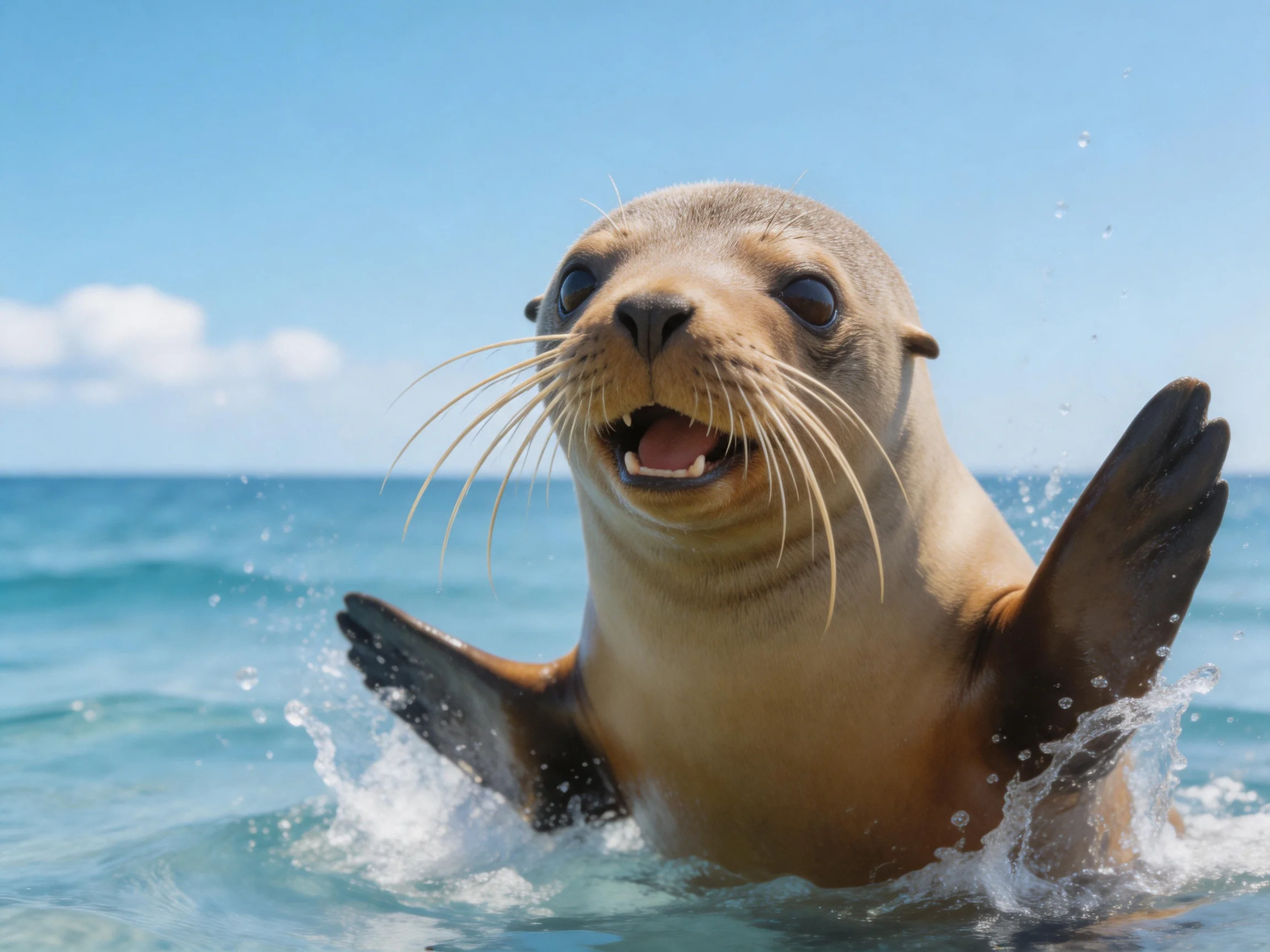 A playful sea lion pup leaps from turquoise waters under bright blue sky