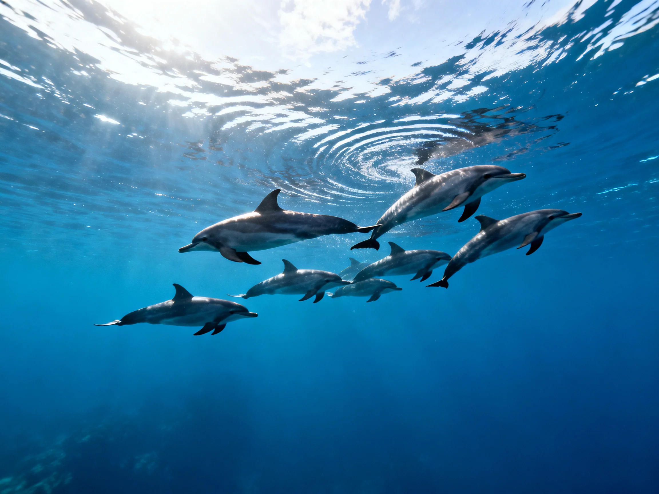 A pod of dolphins swims in clear blue ocean waters