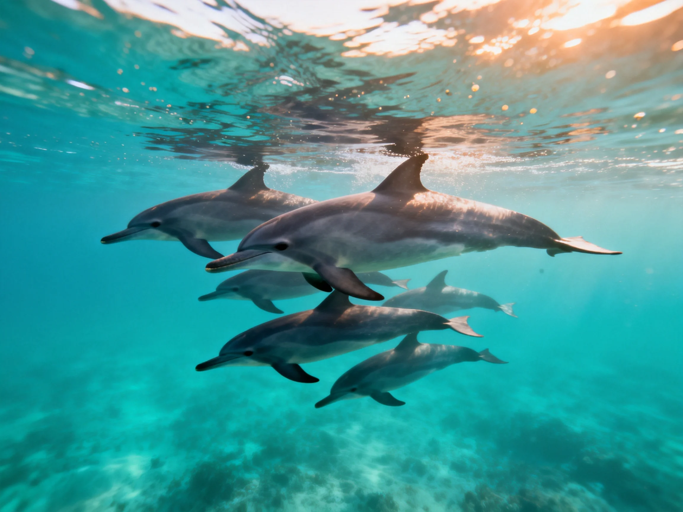 A pod of six dolphins swims in bright turquoise ocean waters near the surface