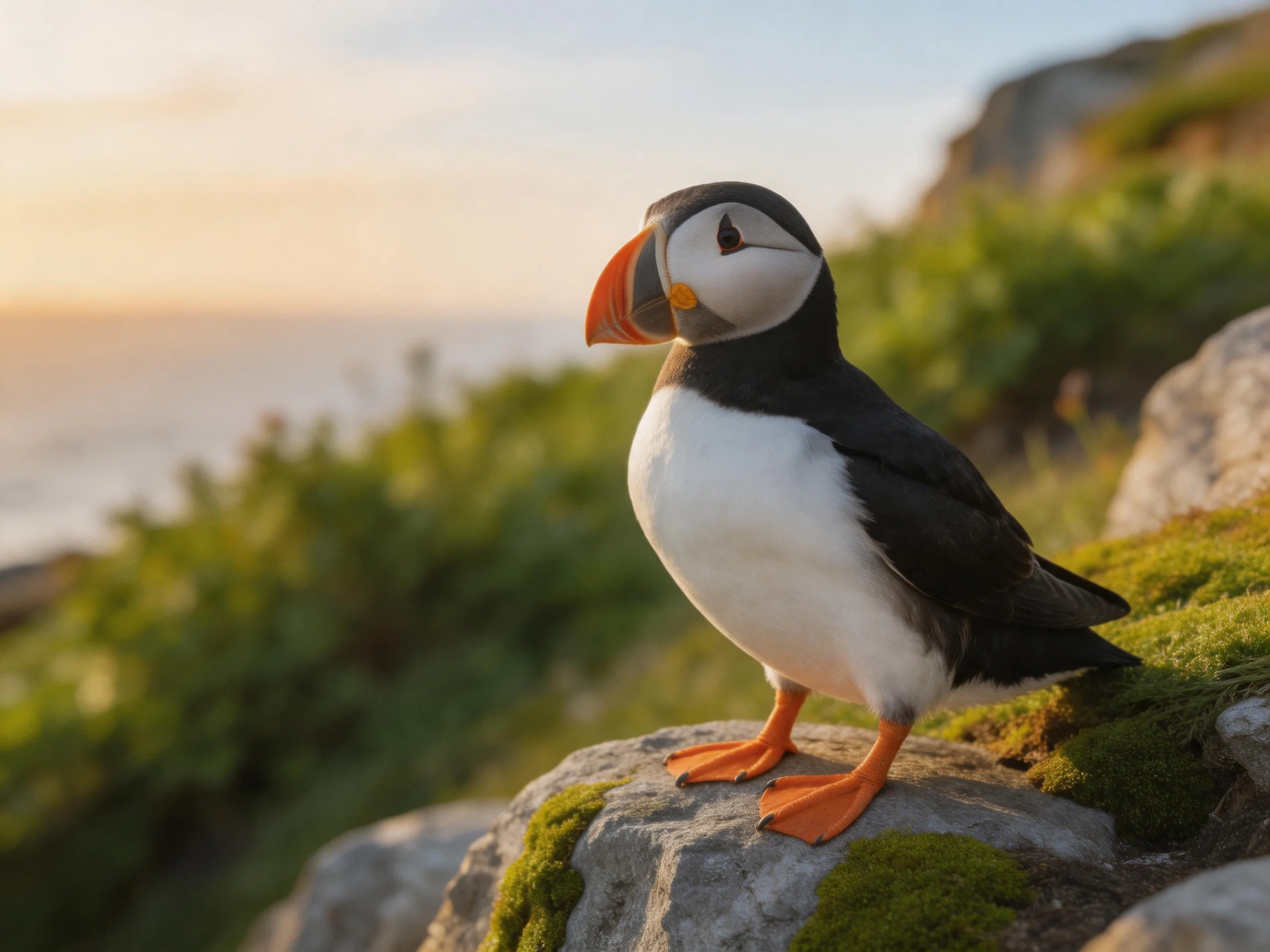 A puffin perches on mossy rocks by a coastal cliff at sunset